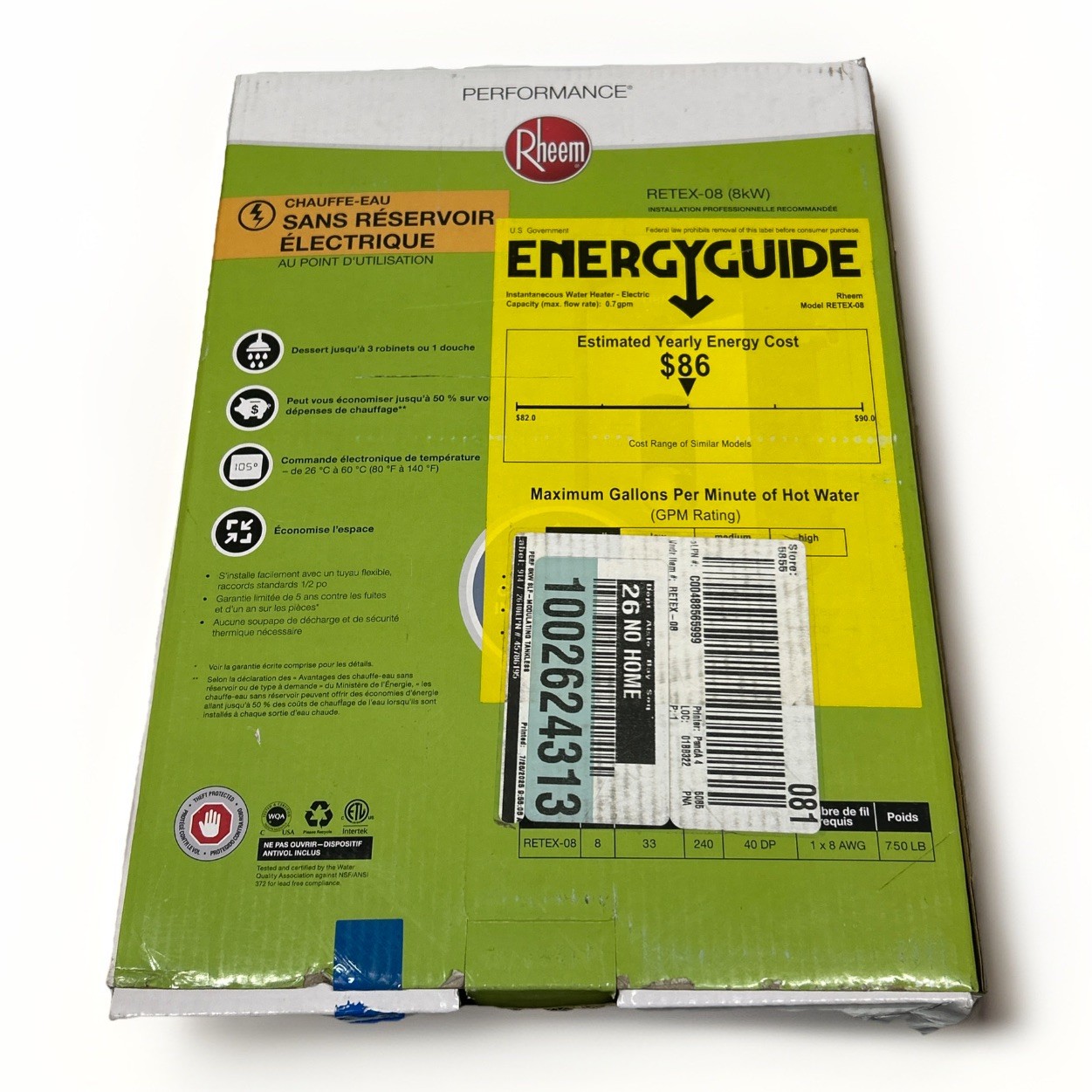 Rheem RETEX-08 8kW 240V Point Of Use Electric Tankless Water Heater