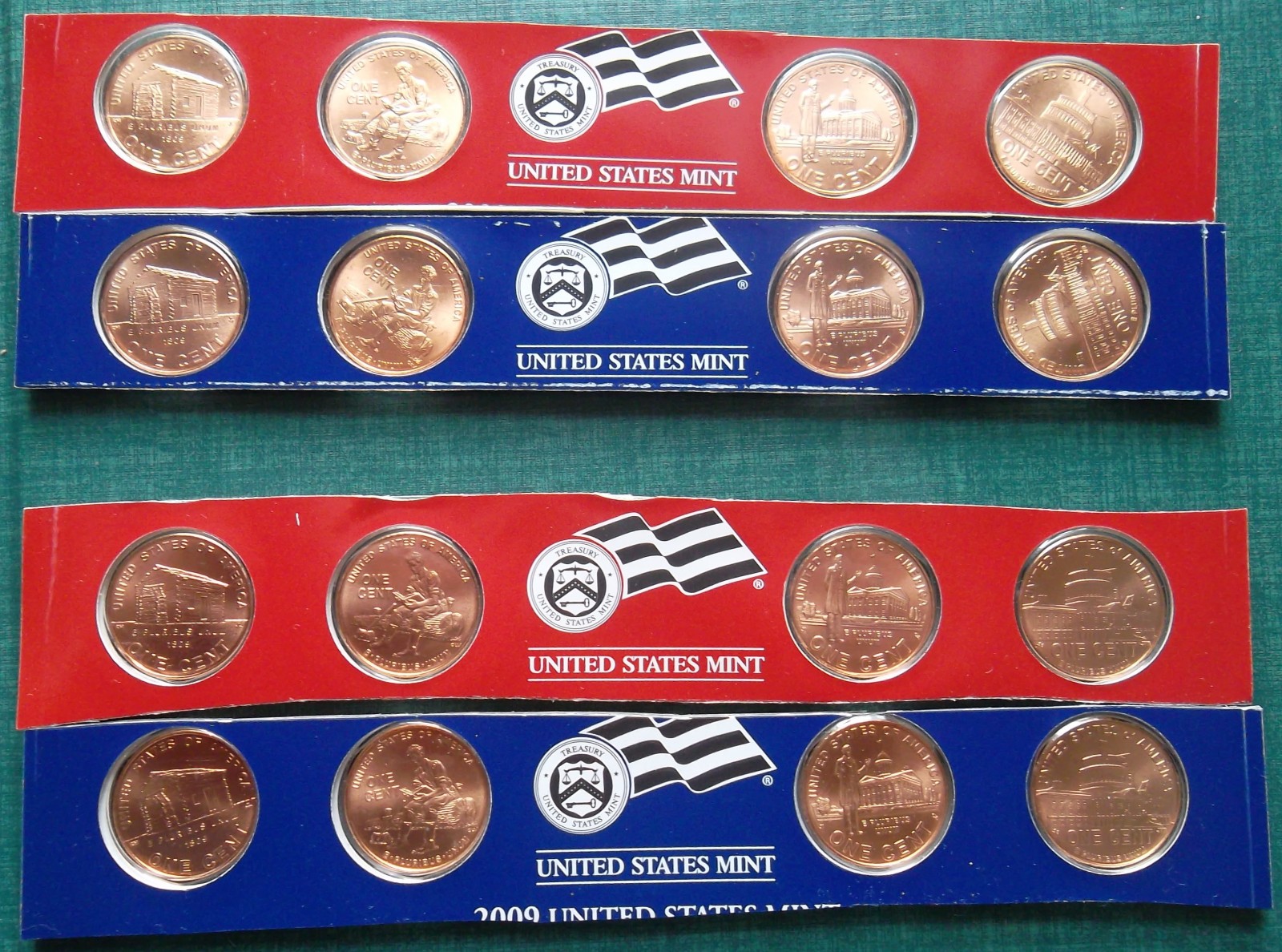 2009-P&D satin finish Uncirculated Lincoln cents: 8-coin set in two Mint strips