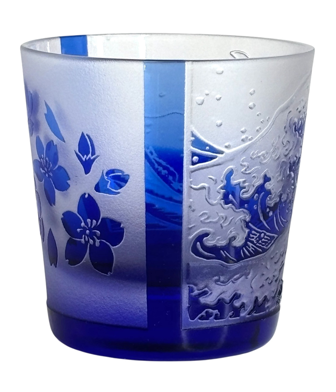 Edo Kiriko Taburo Cut Glass Sake Whiskey Glasses Mt. Fuji, Wave Mini Rock Glass