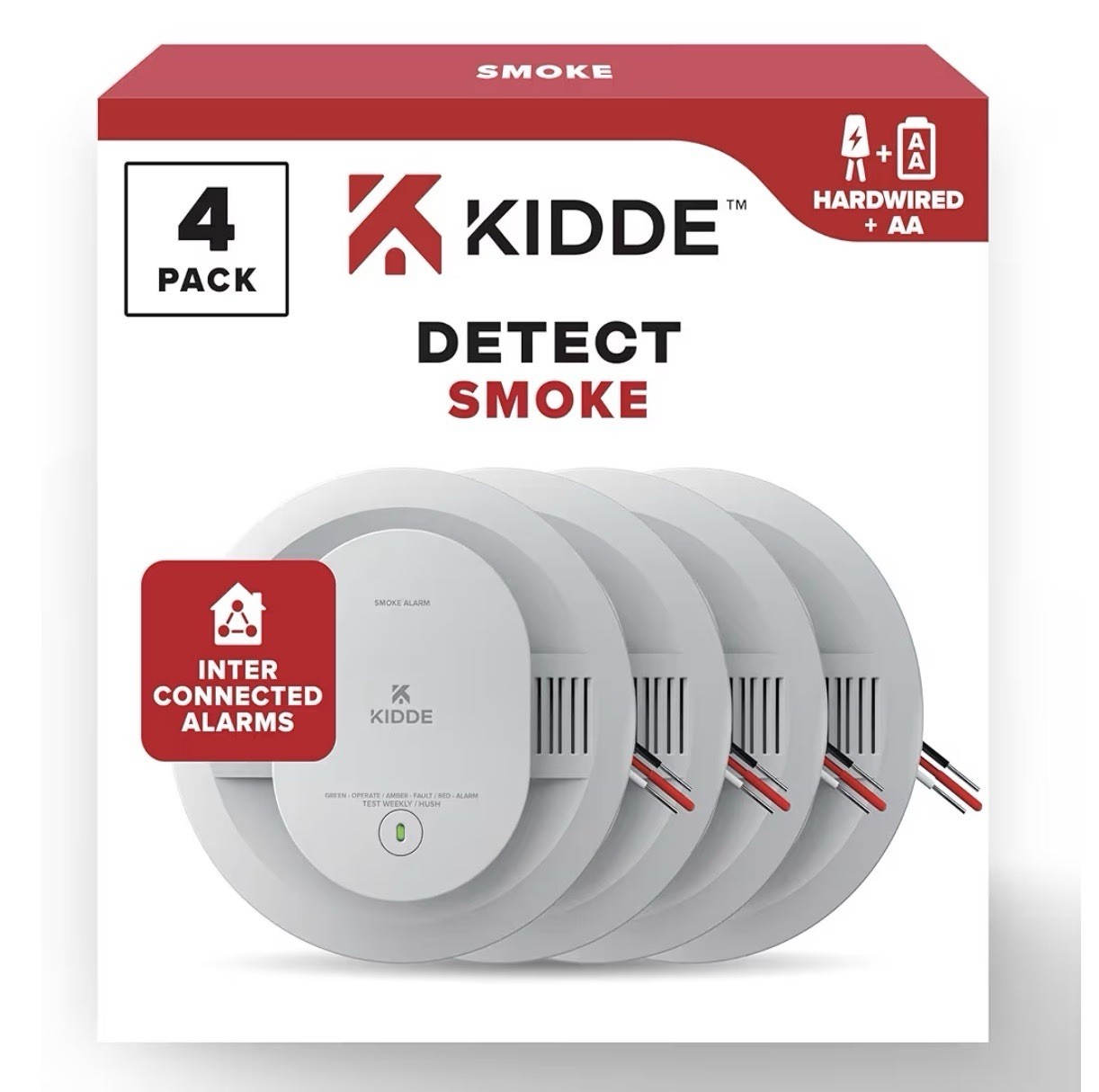 Kidde Hardwired Smoke Detector, AA Battery Backup, Interconnectable , 4 Pack