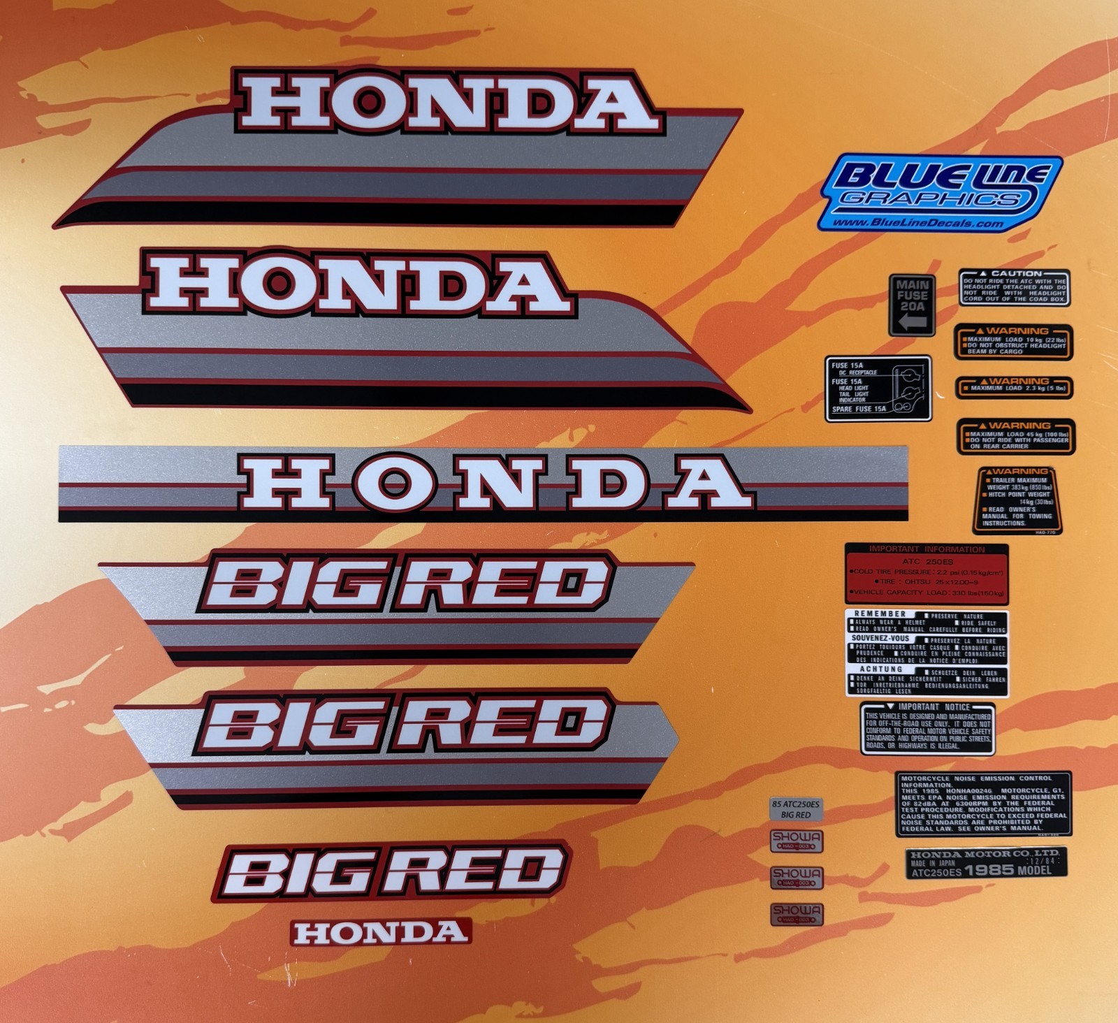 1985 Honda ATC250ES 250ES ATC Big Red Tank Decals Complete Kit 85 Sticker 250