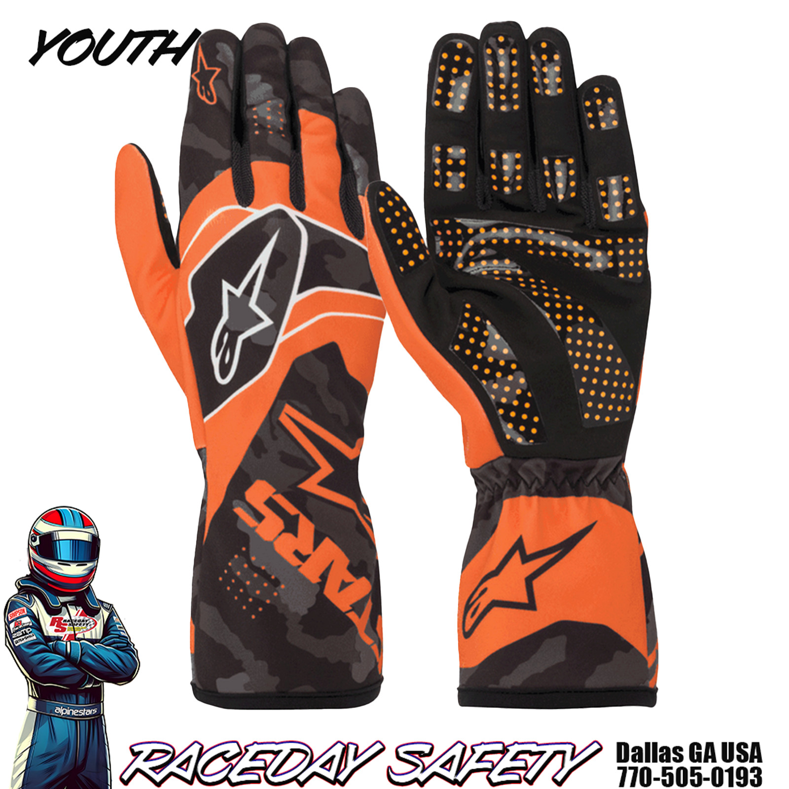Alpinestars Youth Kart Race Gloves Tech-1 K RACE S V2 Flo Orange/Black Camo
