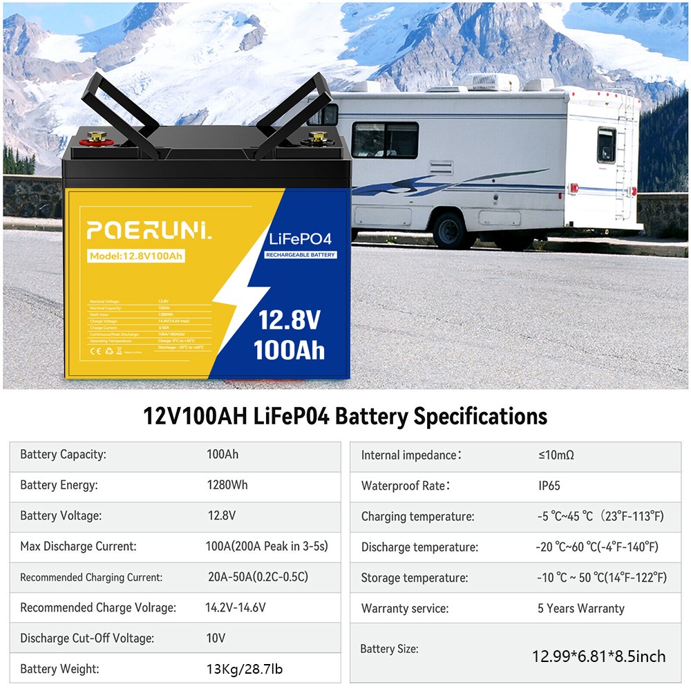 POERUNI 12V 100Ah Lithium LiFePO4 Battery 8000+ Deep Cycle for Solar RV Marine