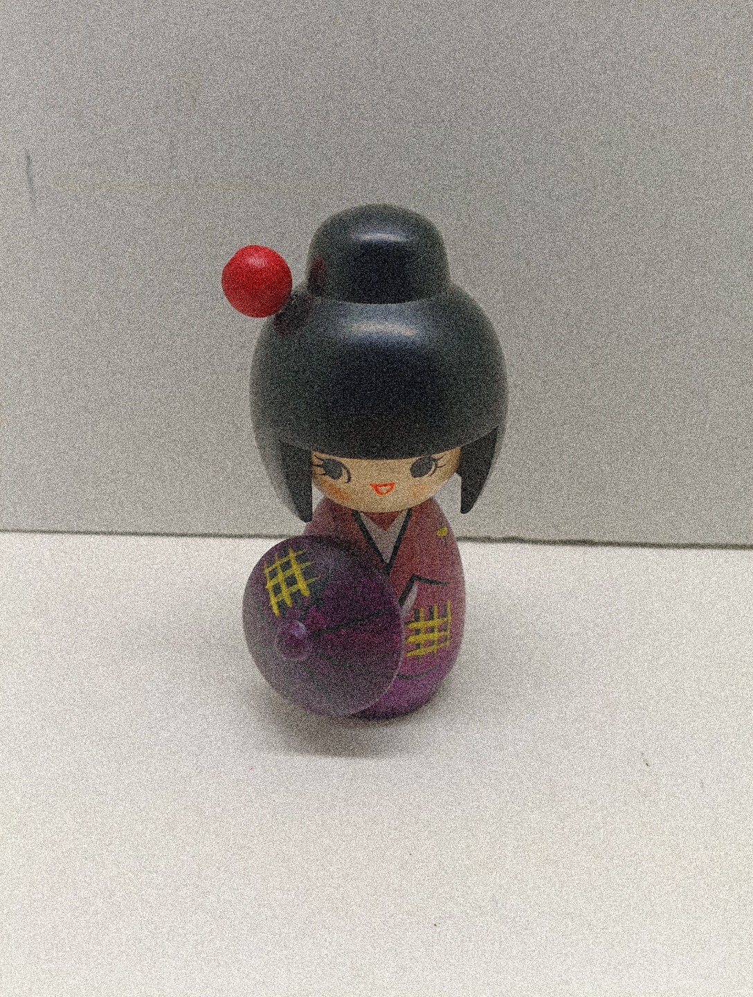 Japanese Geisha Wooden Figurine With Umbrella 5 1/2" Purple Made In Japan