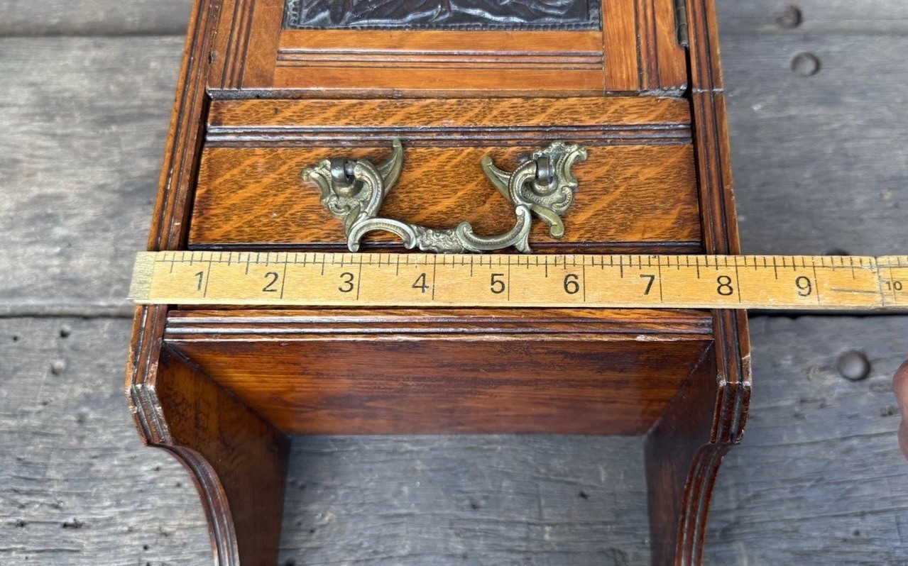 Antique Edwardian Oak Wall Hanging Smokers Cabinet & Original Glass Match Holder