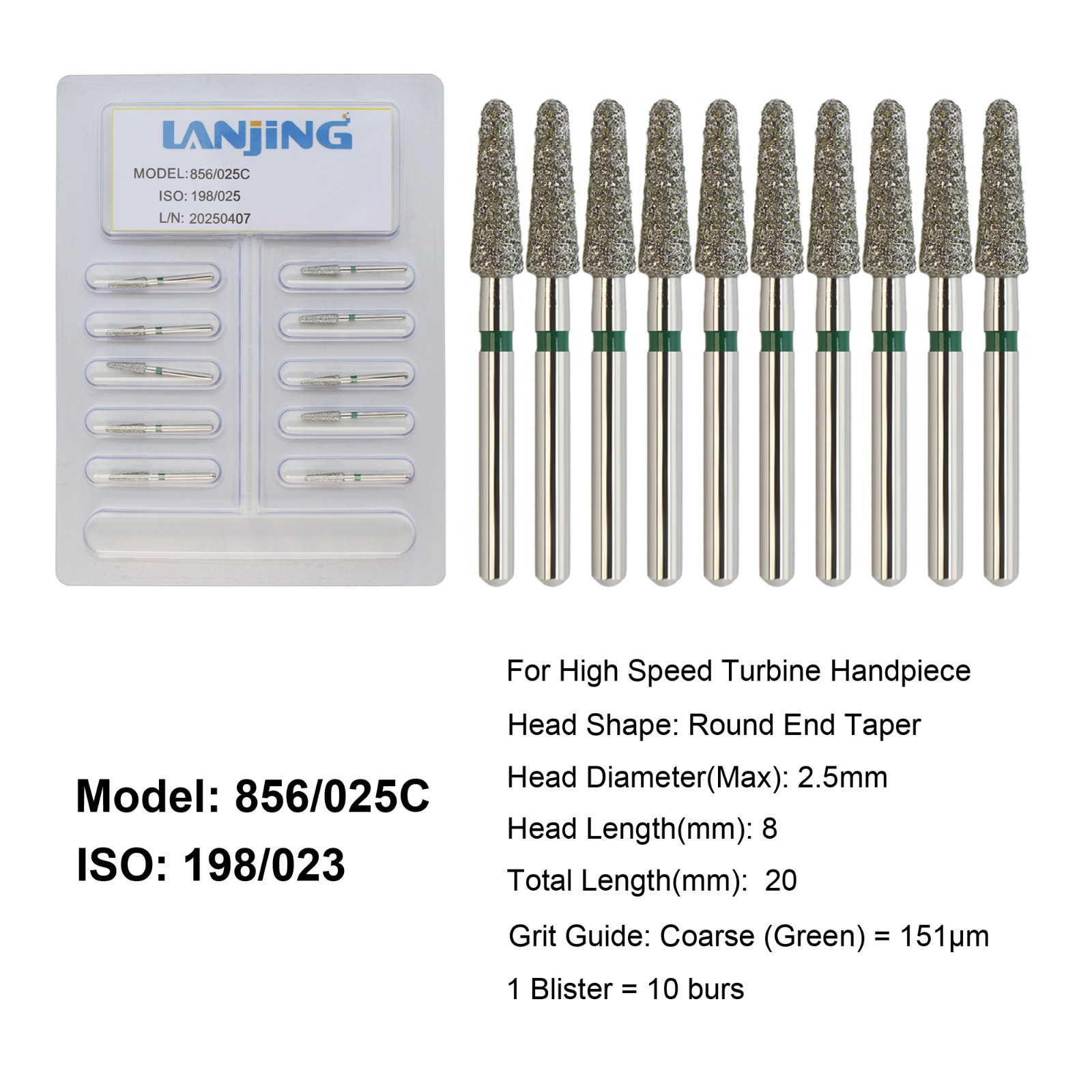 Dental Diamond Burs Round End Taper Football Coarse Fine High Speed 856 850 379