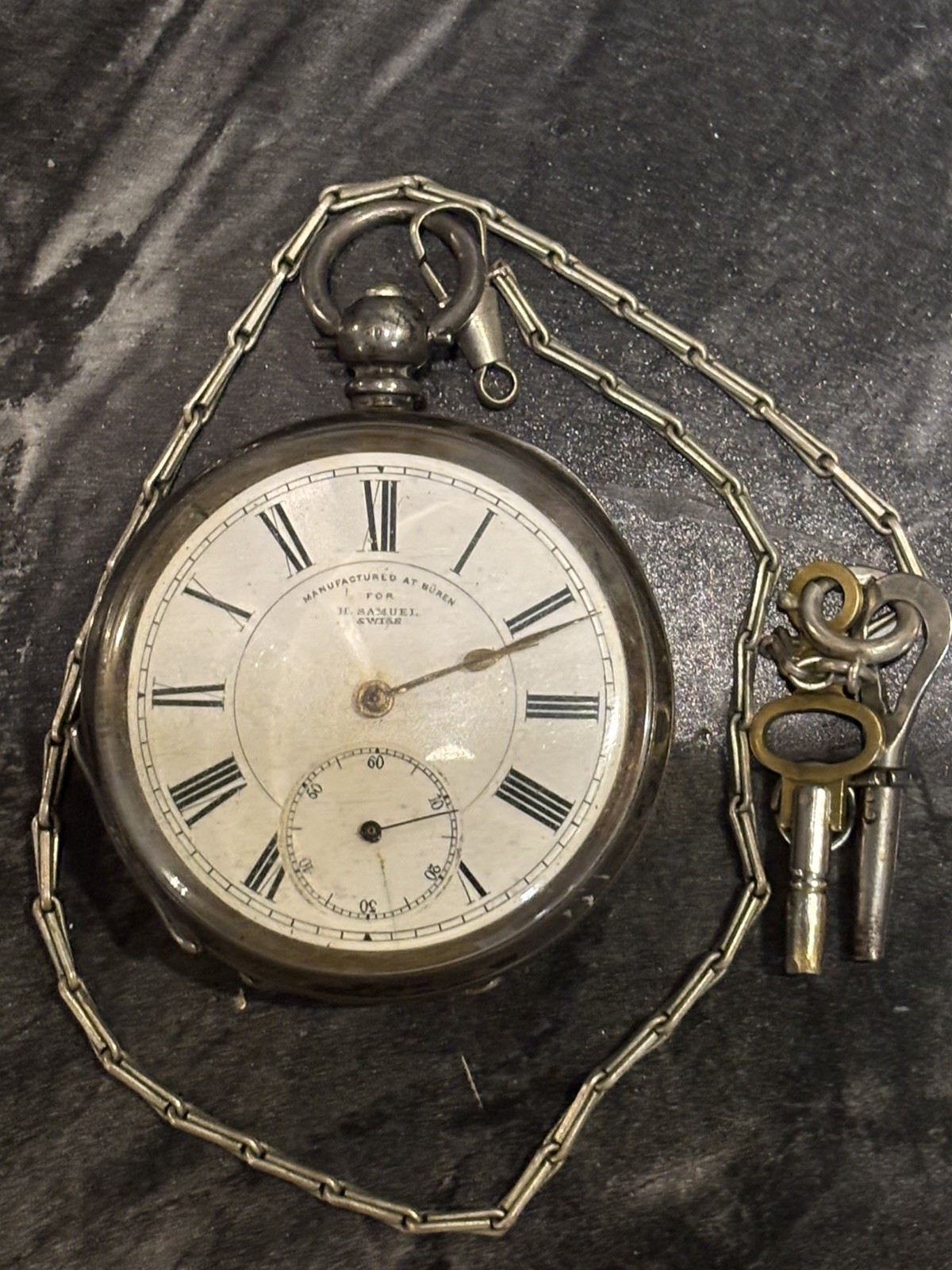 VINTAGE BUREN 935 STERLING POCKETWATCH WORKING 50mm KEY WIND NEEDS SERVICED