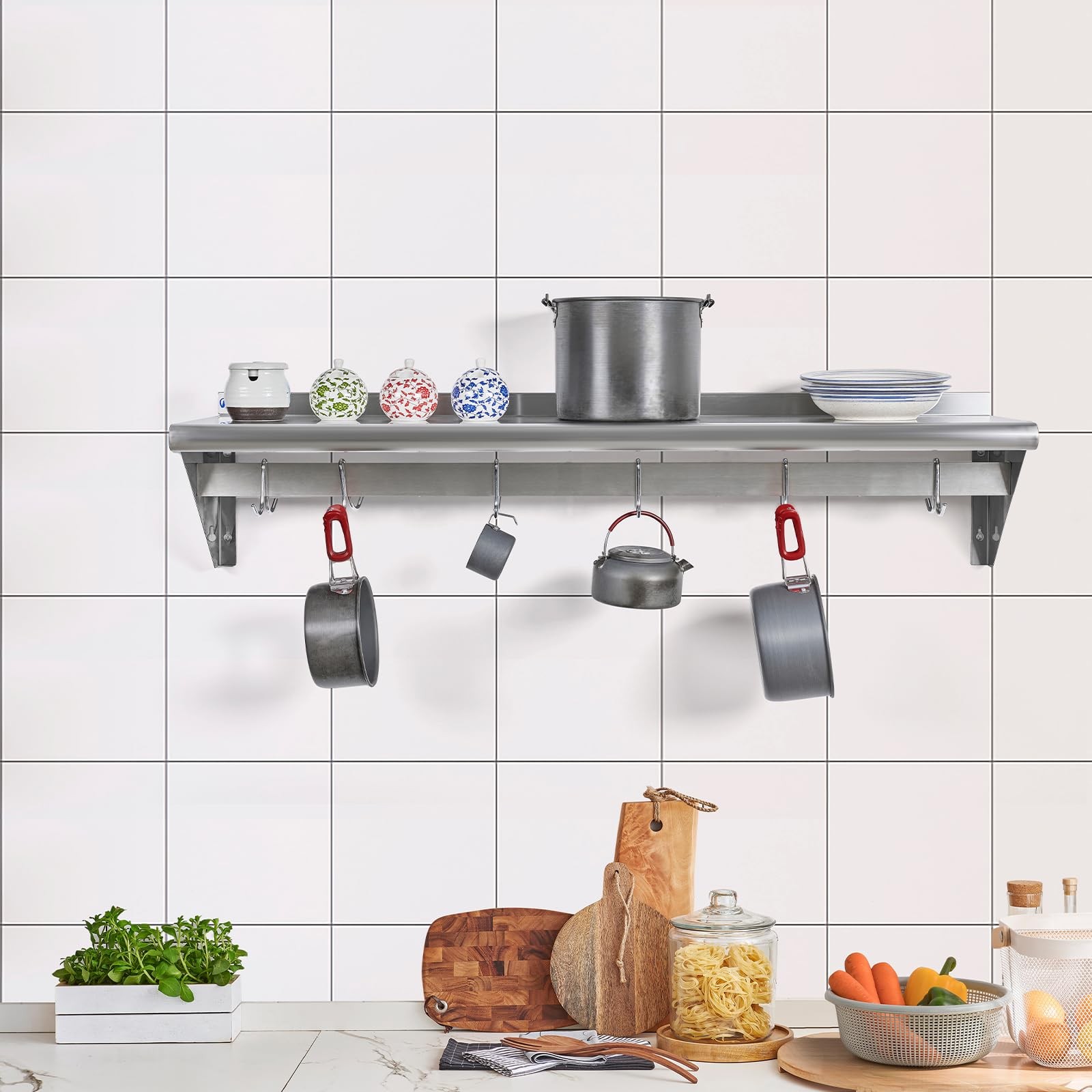 Hally Stainless Steel Shelf With 6 Hooks 12 X 36 Wall Mounted Pot Rack Nsf Com