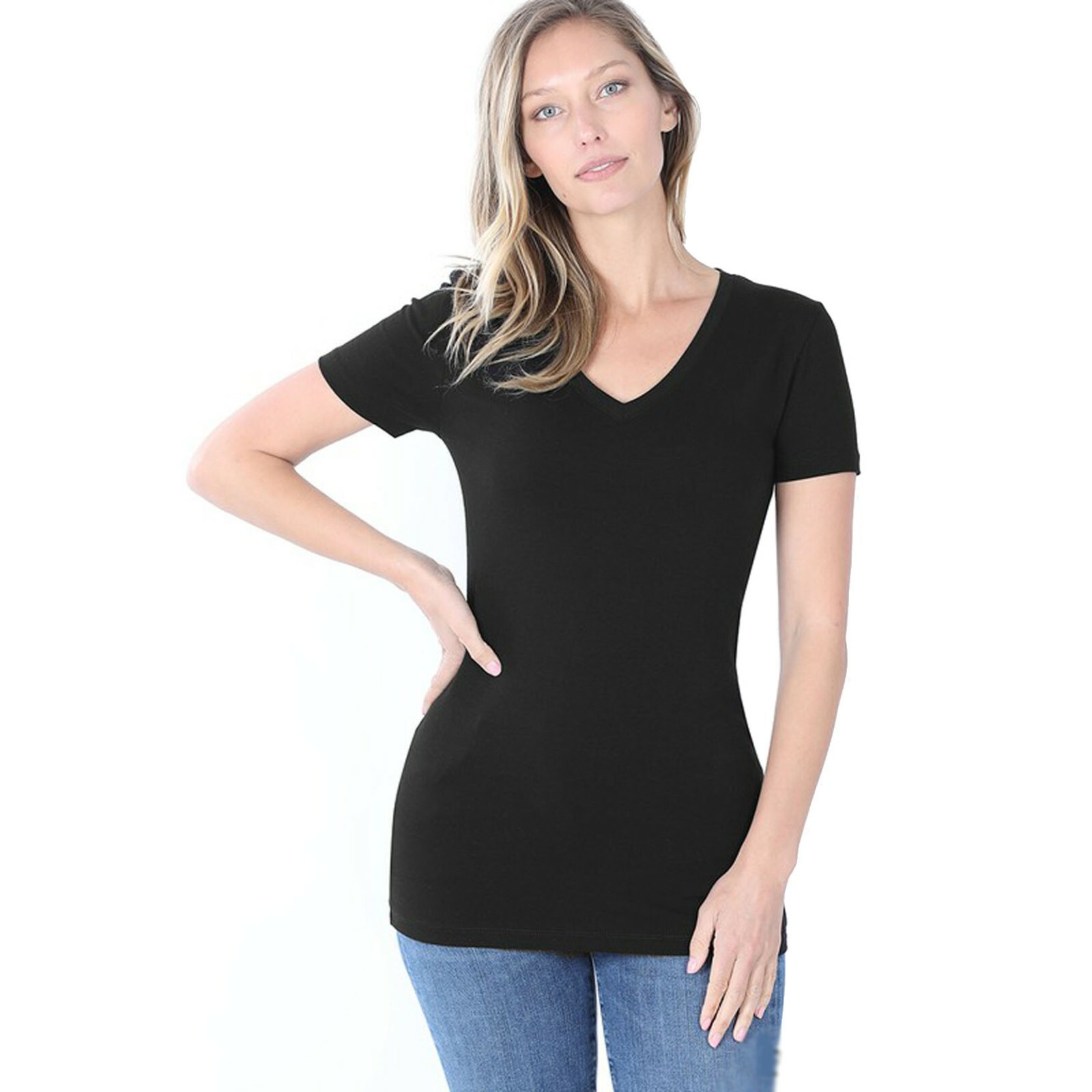 (Zenana Outfitters) V-Neck Short Sleeve T Shirt Plain Solid Top Stretchy Cotton