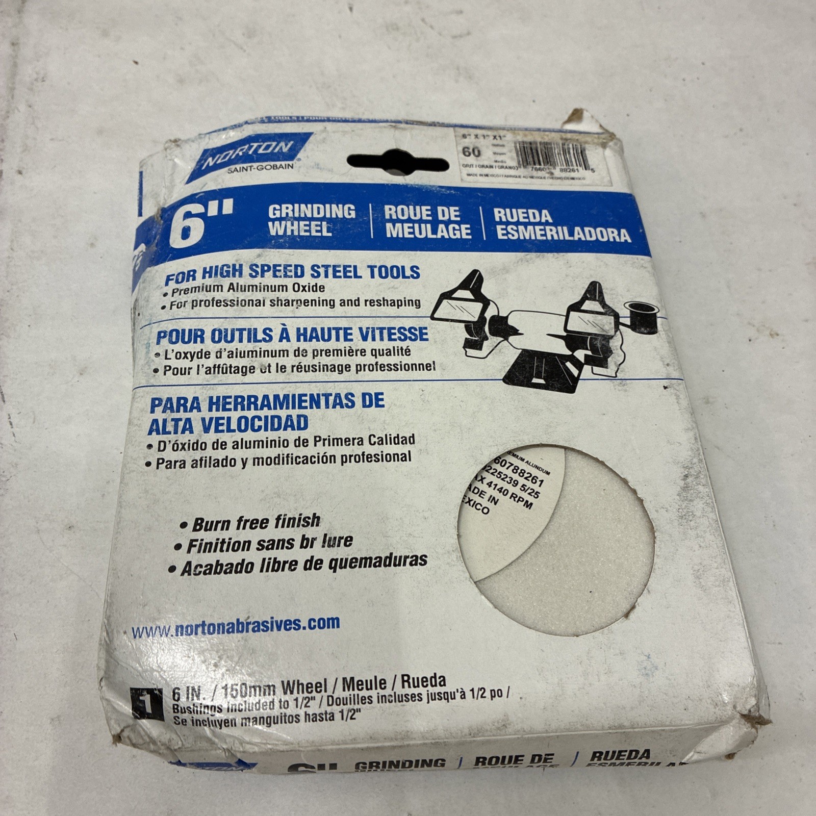 Norton Grinding Wheel, 6in. x 1in., White Aluminum Oxide, 60 Grit