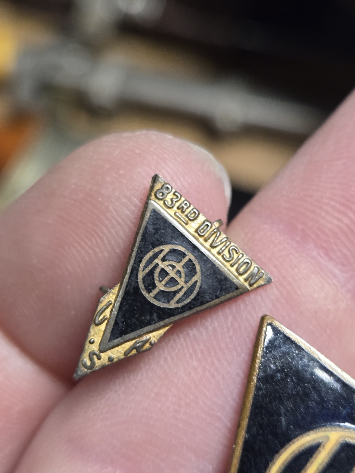 2 Vintage rare old WWII 83rd Infantry Division Thunderbolt DI Unit Crest Pin Lot