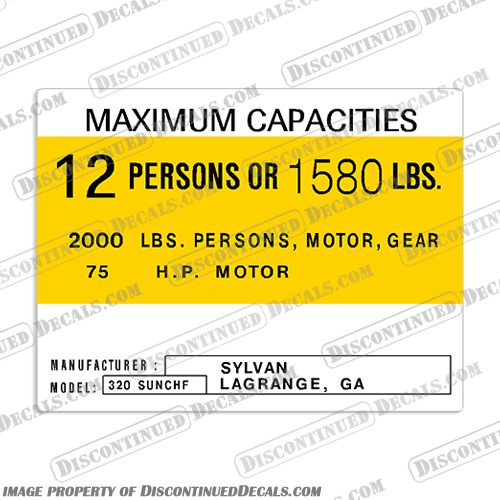 Fits 320 SYLVAN SUNCHF 12 person Boat Capacity Decal