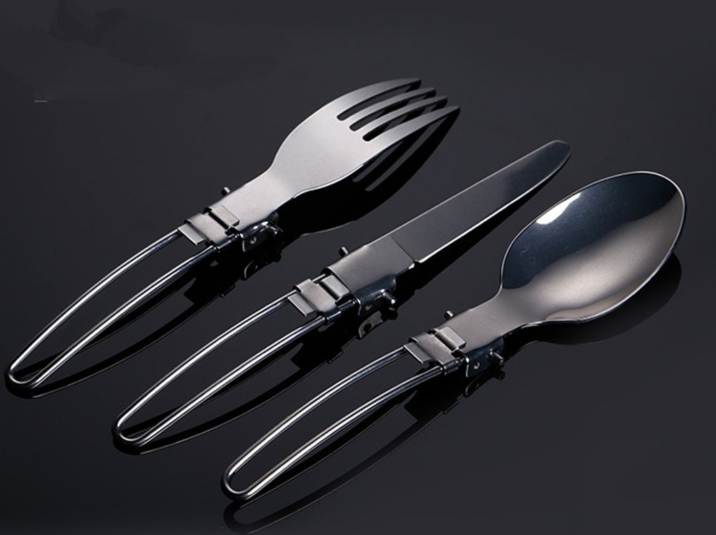 Stainless Steel 3Pcs Folding Camping Picnic Cutlery Utensil Set Spoon Fork Knife