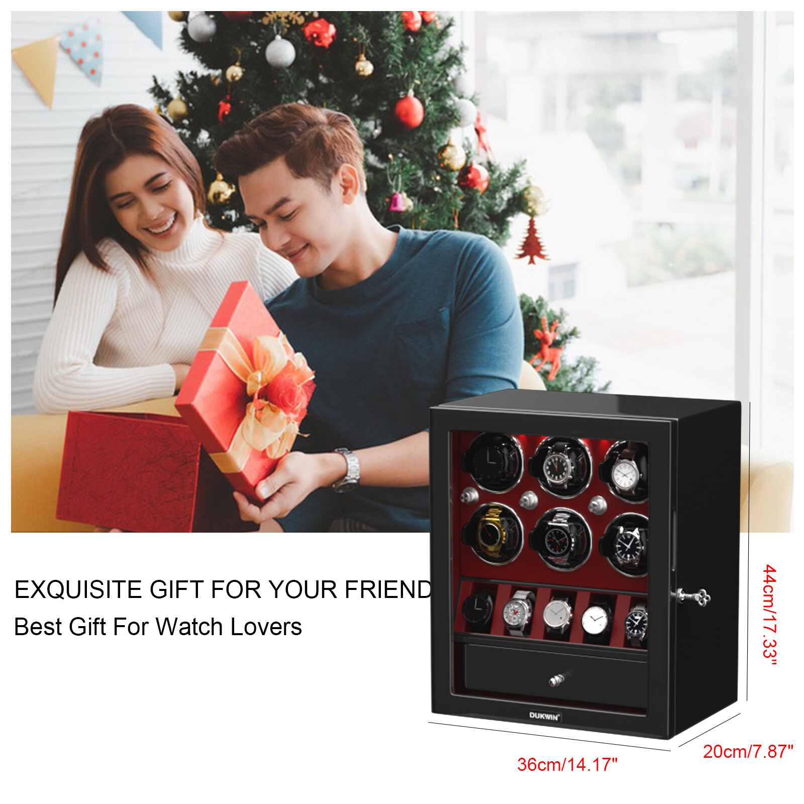 DUKWIN Automatic 6 Watch Winder with 5 Watches Display Storage Case Box LED Red