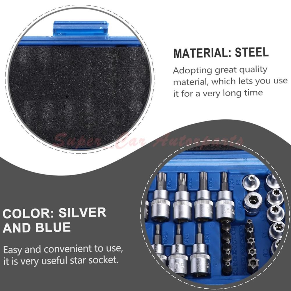 34pcs Torx Star Sockets & Bit Set Male Female E-torx Security Bits 3/8 Drive