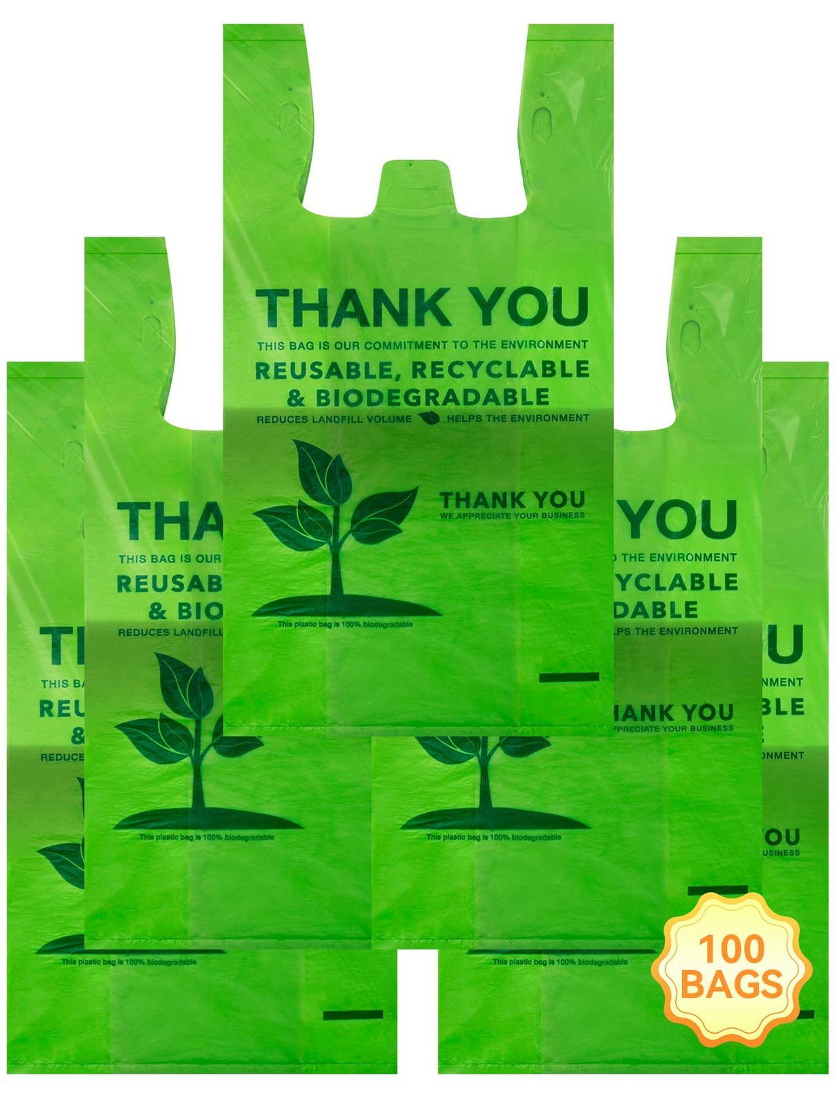 100 Count Biodegradable T-Shirt Bags, Compostable Thank You Grocery Bags, Eco...