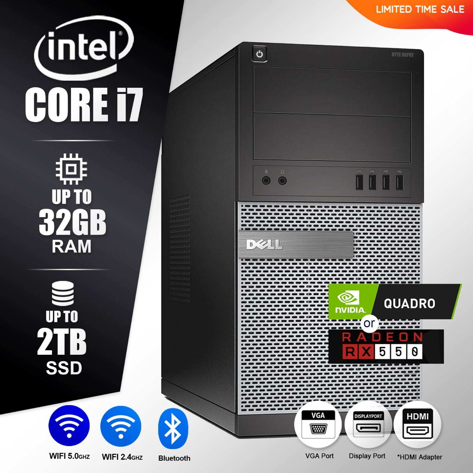 DELL Gaming PC Desktop Computer i7, Up to 32GB RAM 2TB SSD Windows 11 pro , WiFi