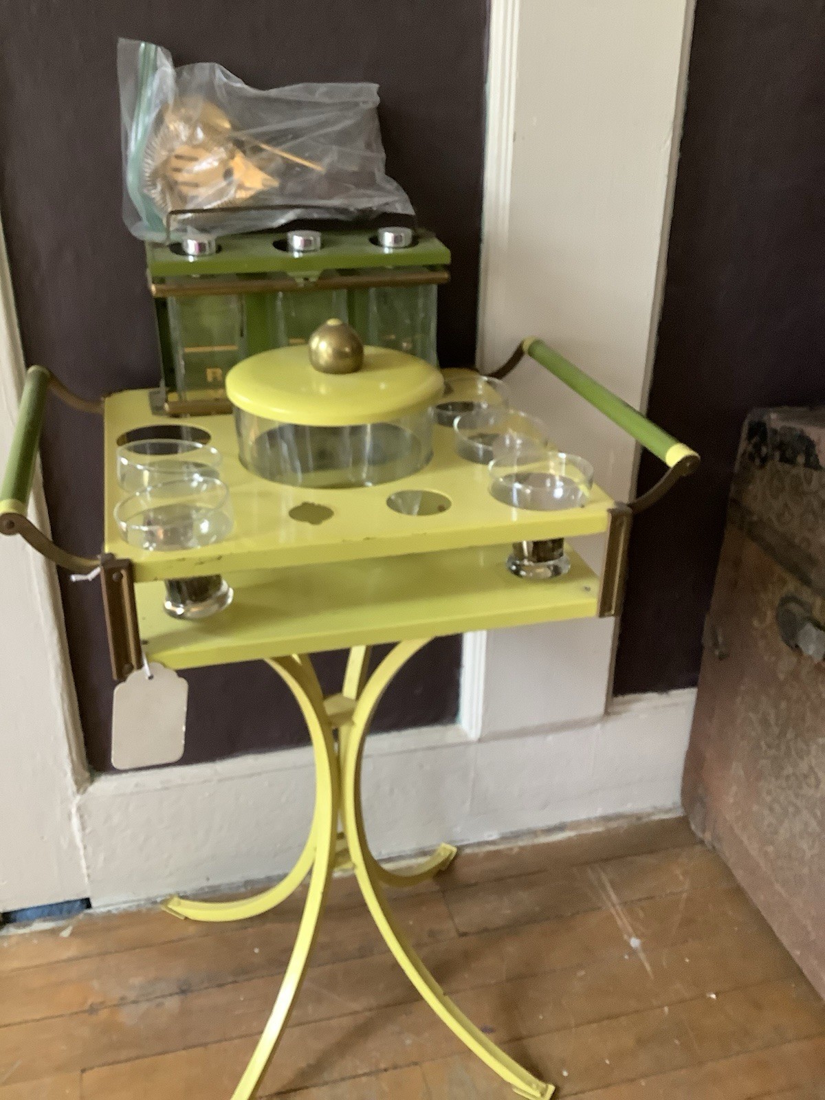 Vintage Mid-Century Modern Bar Car Set With Ice Bucket, 5 Glasses,  And Strainer