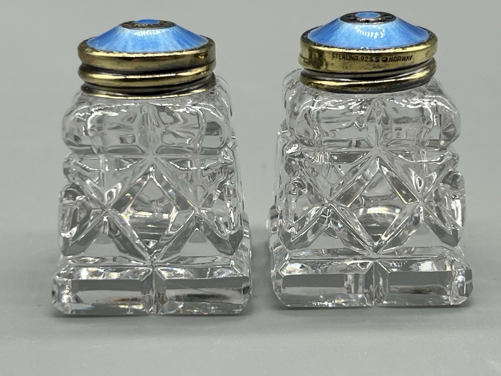 2 VTG Norway Sterling Silver Blue Guilloche Lids & Glass Salt Pepper Shakers