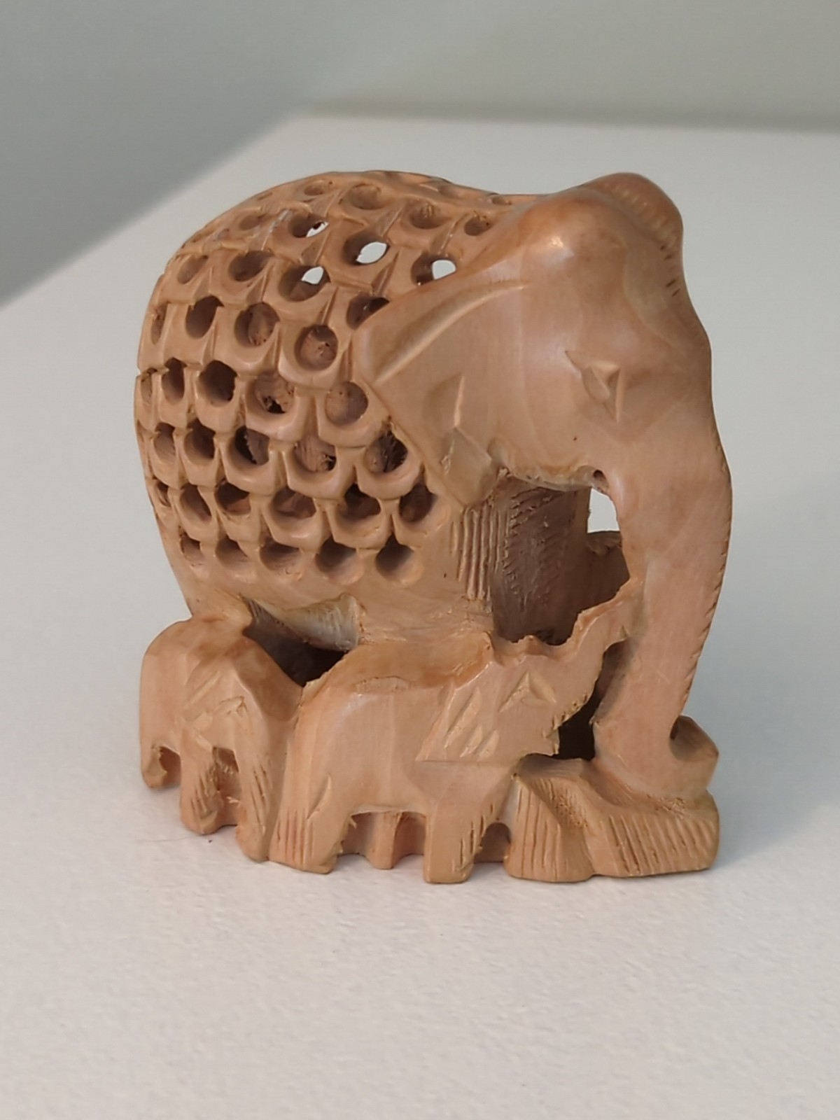 Hand Carved Wooden Elephant Family w/Baby Inside Figurine 3" Tall Intricate