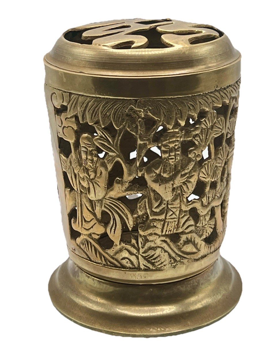 FINE CHINESE ASIAN ANTIQUE BRASS IMMORTALS INCENSE BURNER CANDLE HOLDER TAO