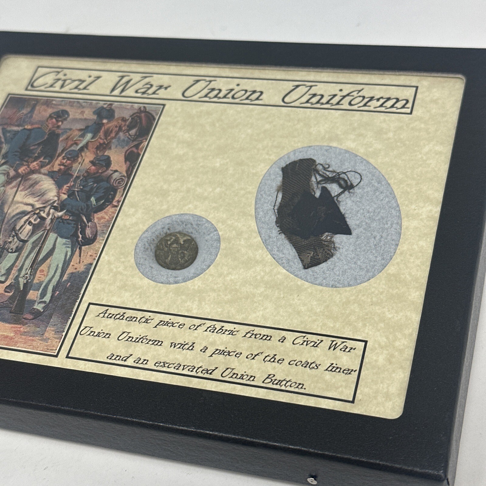 Civil War Union Uniform Fabric Piece with Eagle Button in Display Case and COA