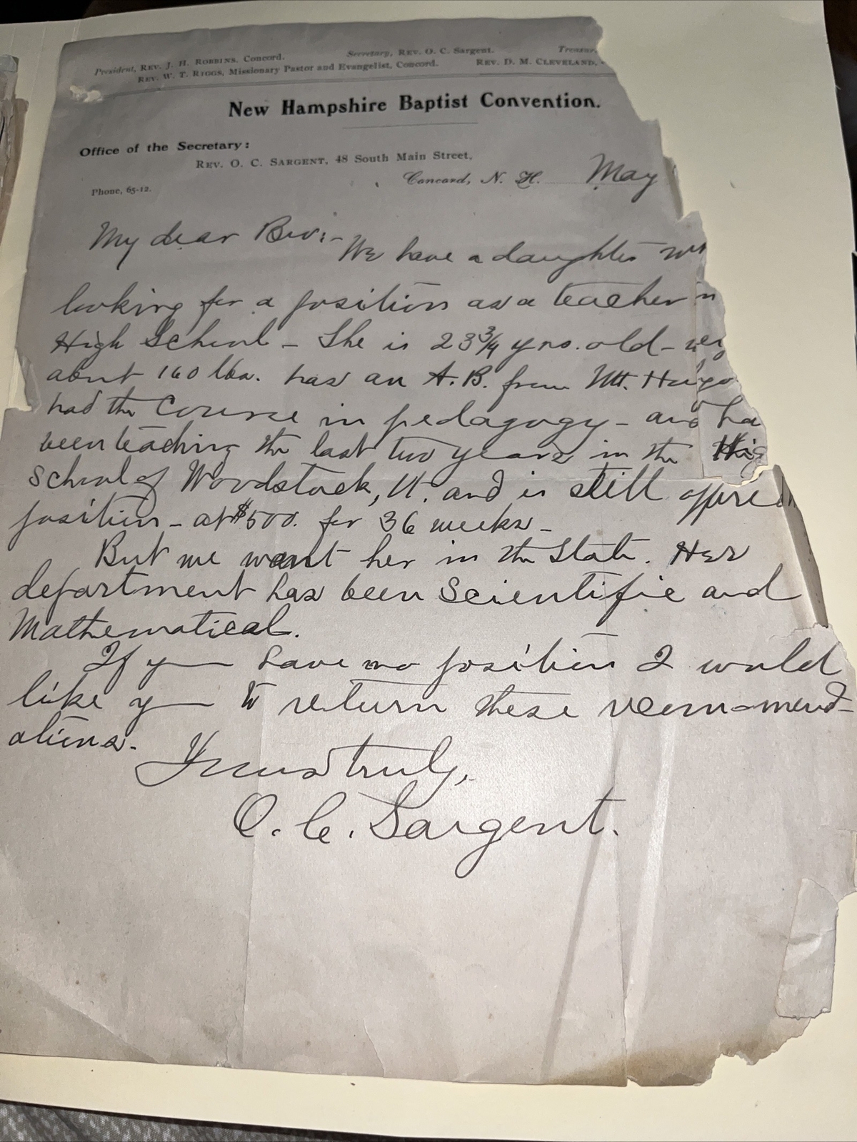 Early 1900s Rev O C Sargent Letter: Secretary, New Hampshire Baptist Convention