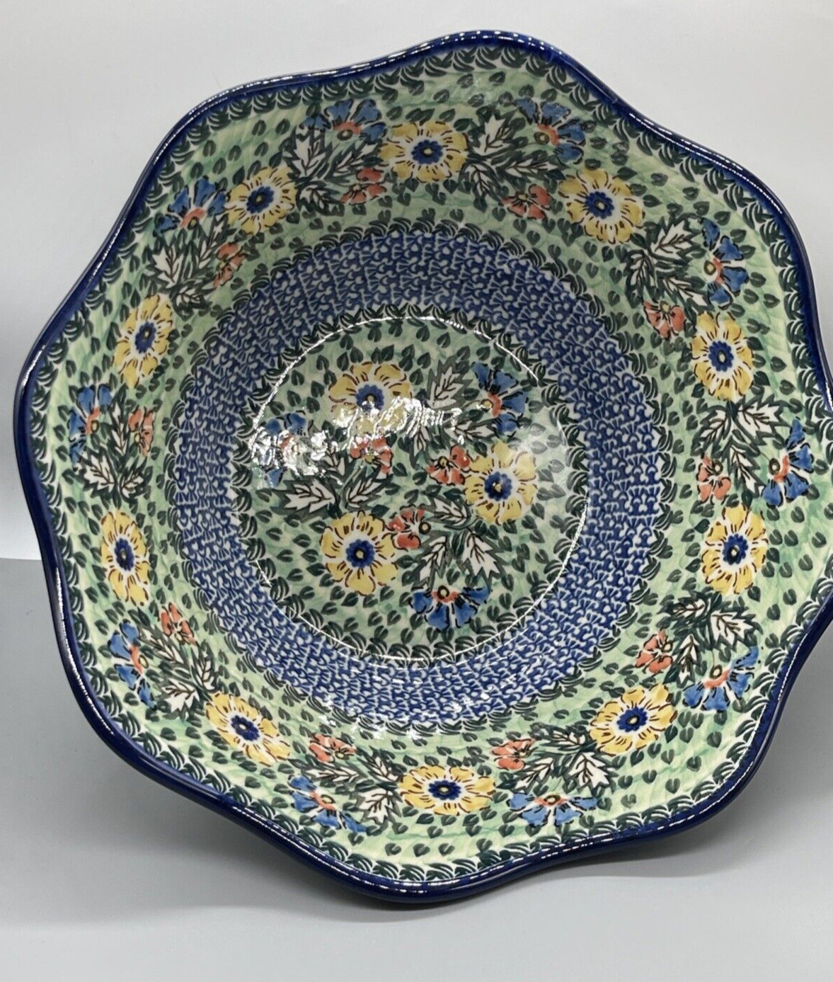 Polish Pottery Unikat L.Lenkiewicz #1975 Tulip Huge 12X5" Scalloped Serving Bowl