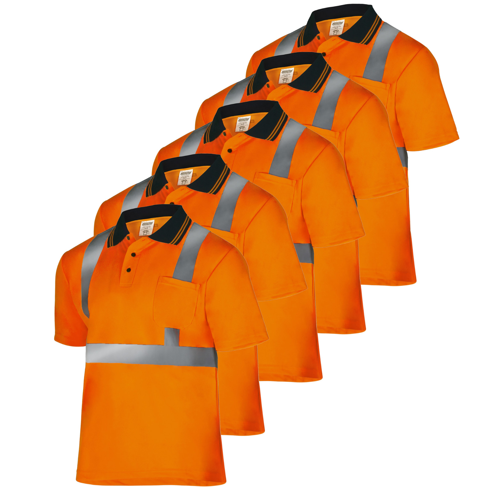 5 Pack Hi-Vis Orange Safety Workwear Short Sleeve Polo Shirt Top Reflective Tape