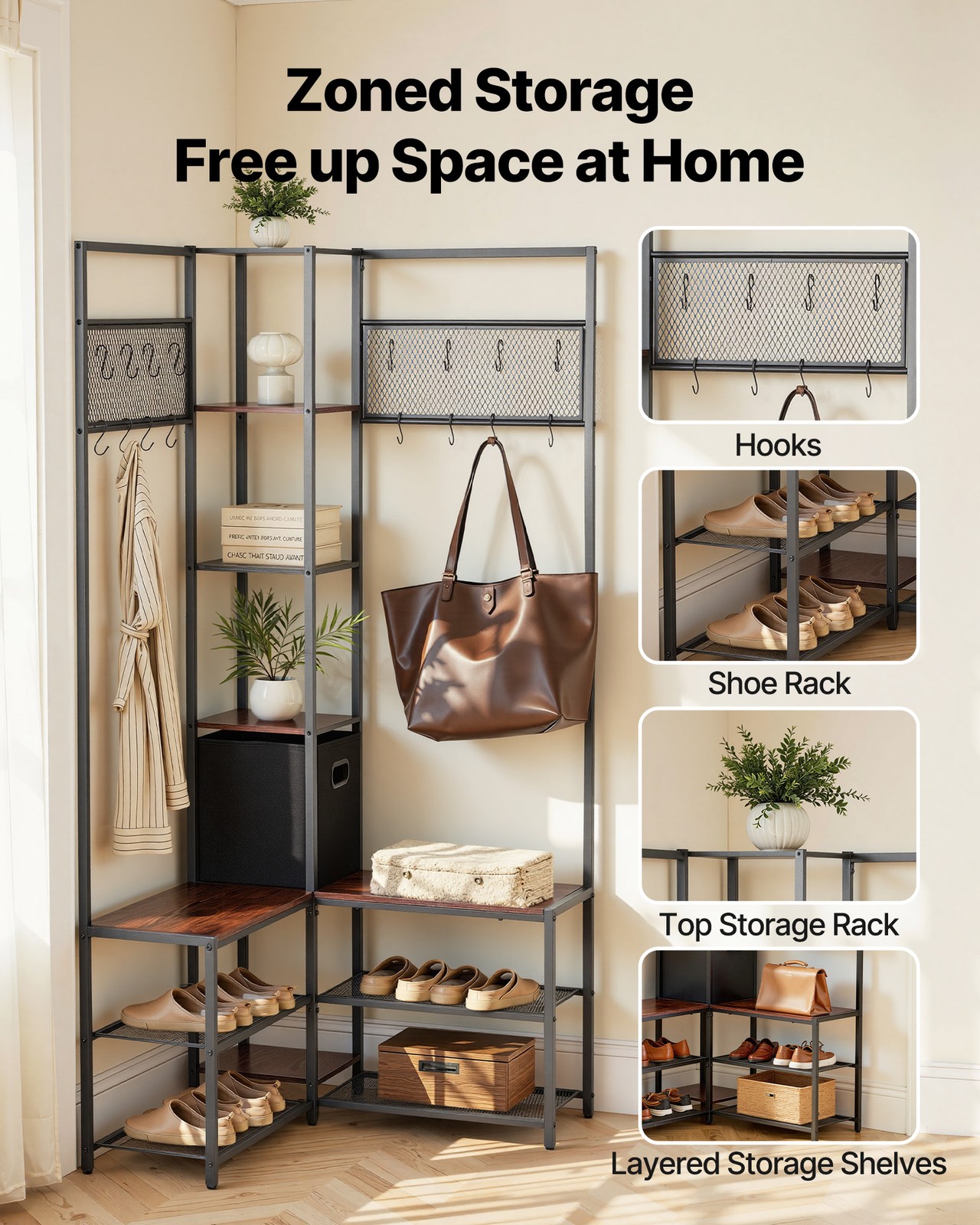 Uimoso Corner Hall Tree with Shoe Bench, 70.9 in Coat Rack with Hooks and Frame