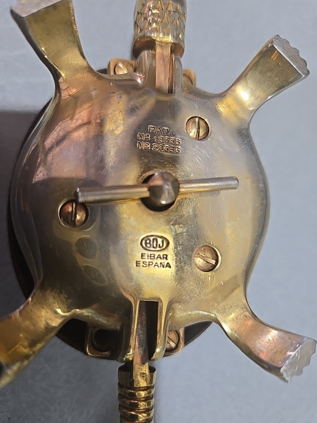 Vintage damascene brass turtle hotel/desk bell made by BOJ in Eibar, Spain