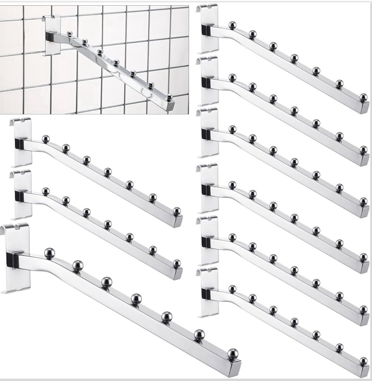 10 Pack 7 Ball Waterfall For Gridwall 13.8” Metal Hangers Display Chrome