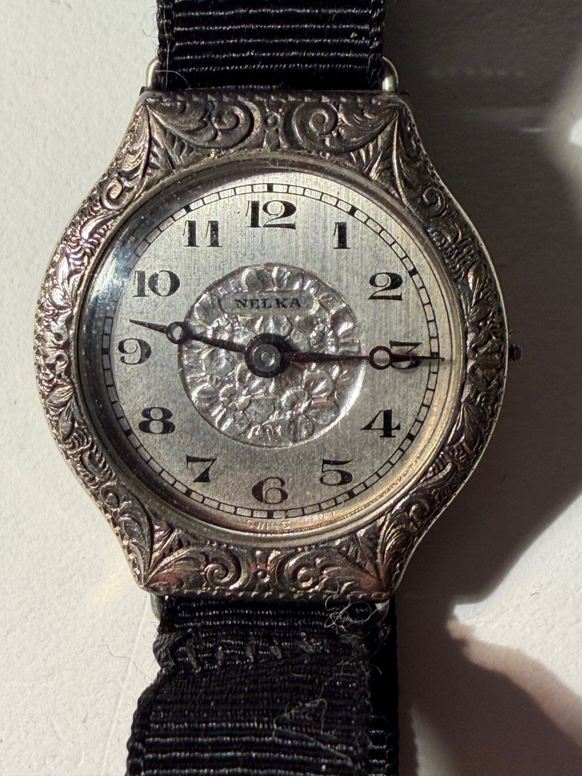 Original Art Deco Nelka Watch 1920's - Engraved Floral Pattern Face -White Gold