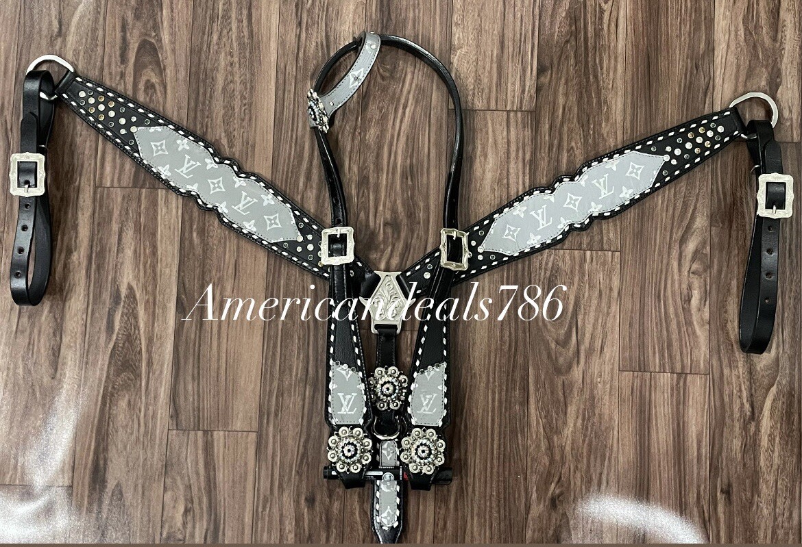 Western Black Leather Bling Tack Set Of Headstall And Breast Collar