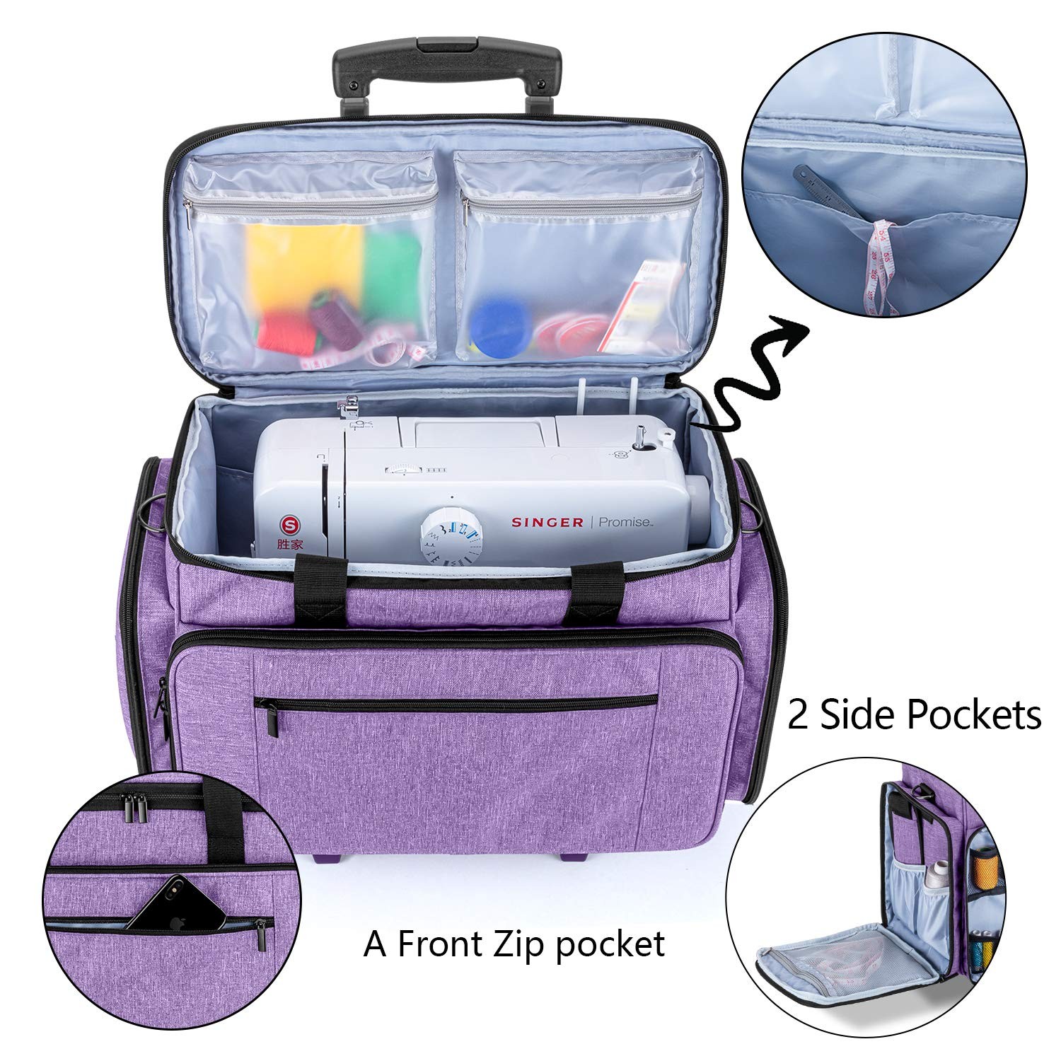 Sewing Machine Case with Detachable Dolly, Rolling Sewing Machine Tote with R...