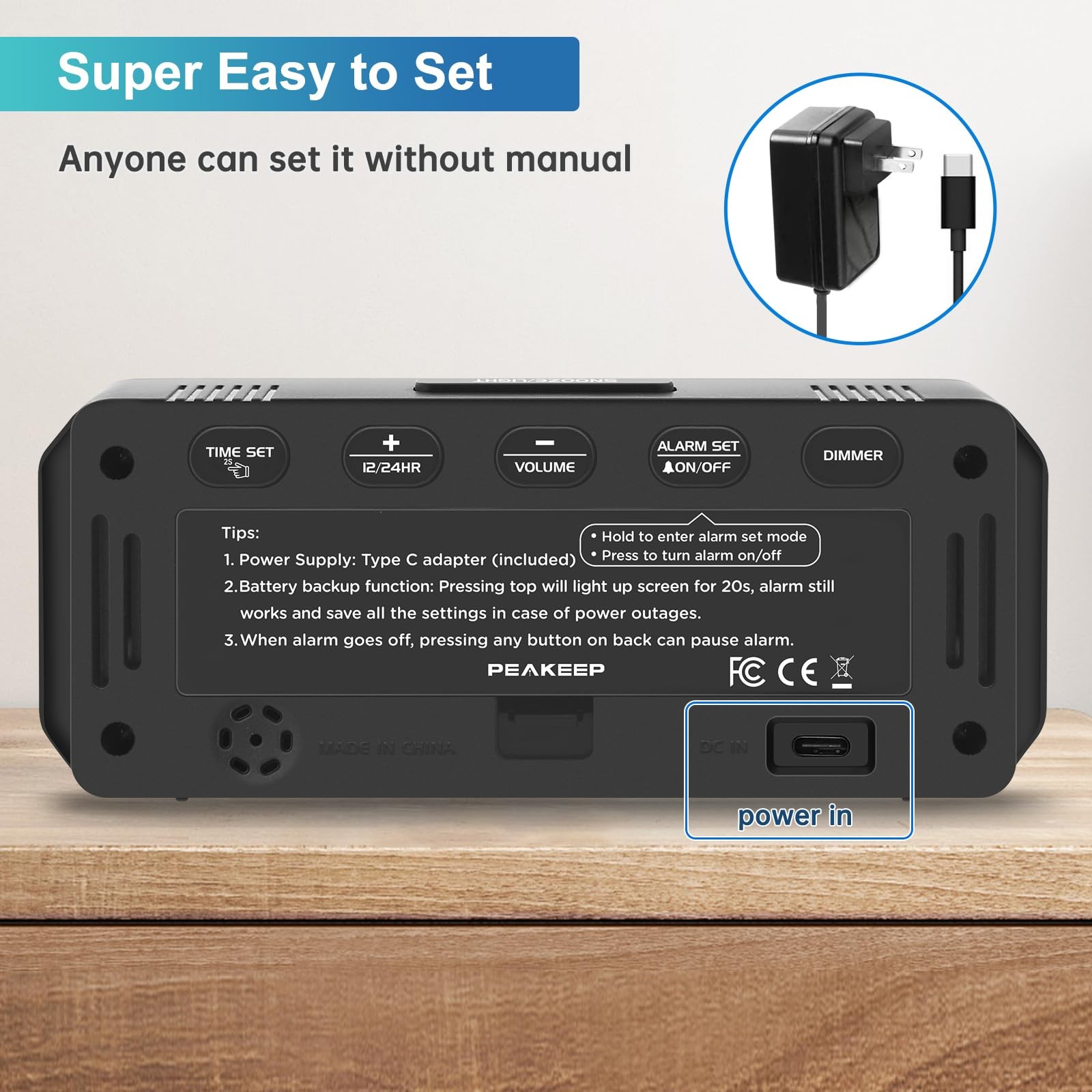 Small Digital Alarm Clock Plug in for Bedrooms Bedside, Tiny Electric Clock