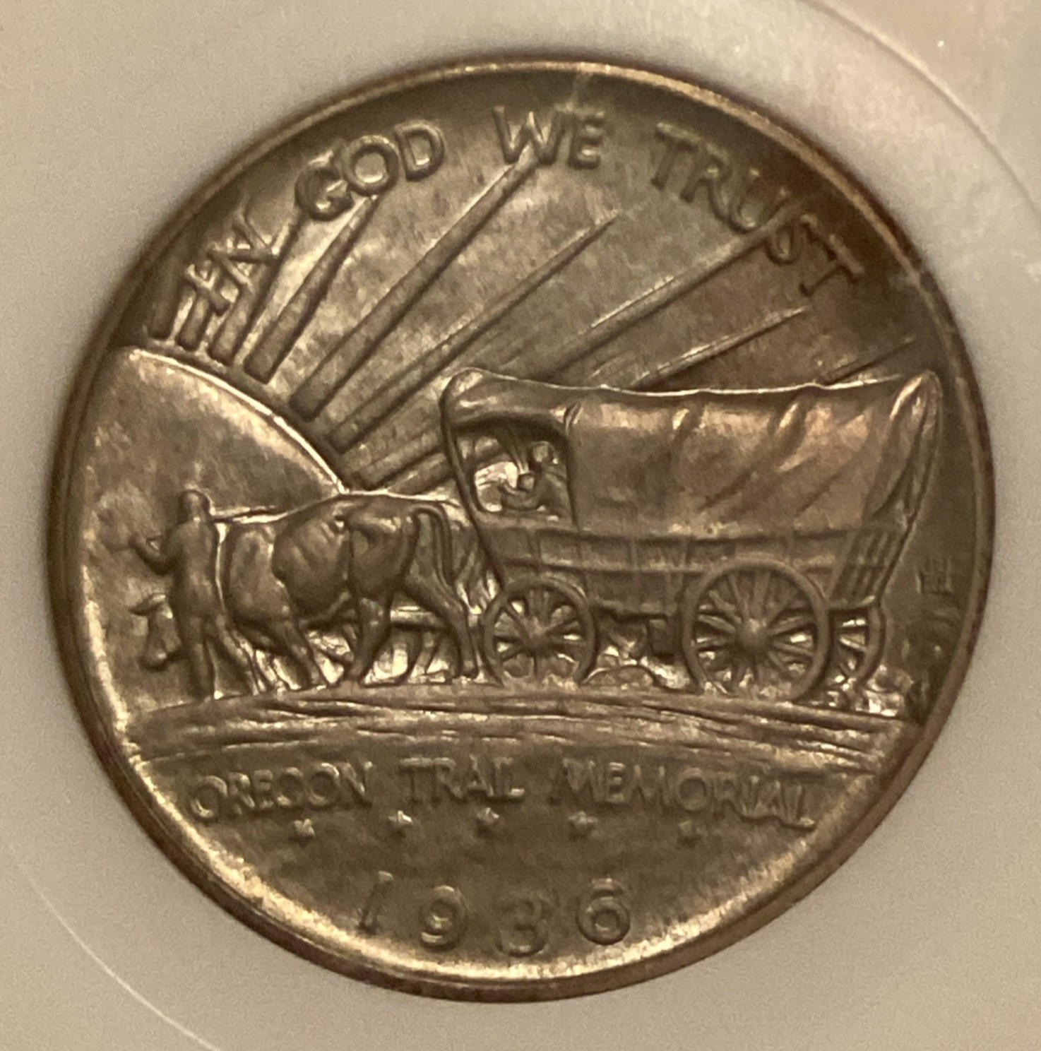 1936 NGC MS 65 OREGON TRAIL Silver Commemorative Toned Coin Fatty Holder