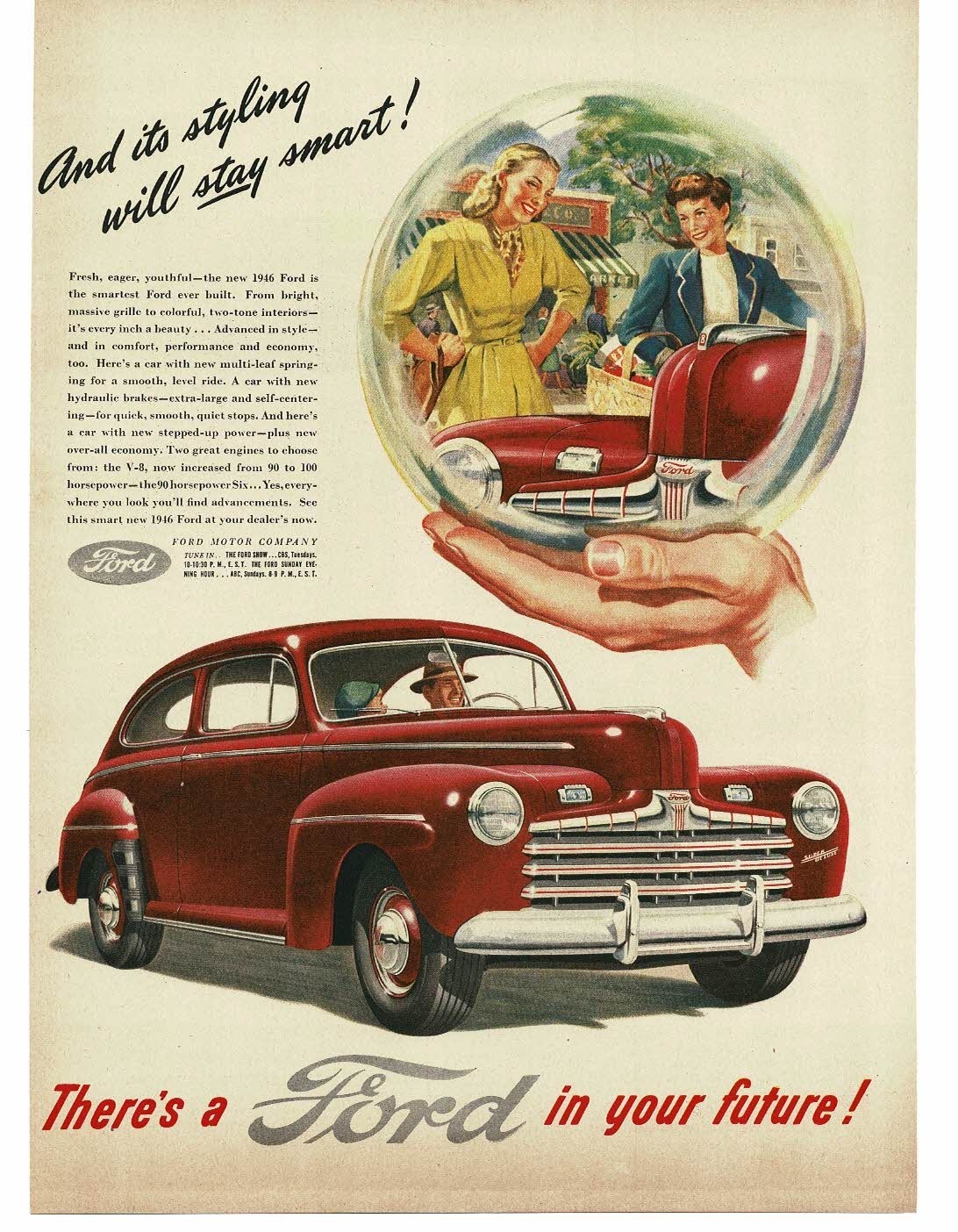 1946 Ford Super De Luxe Red 2-door Sedan Crystal Ball two women Vintage Print Ad
