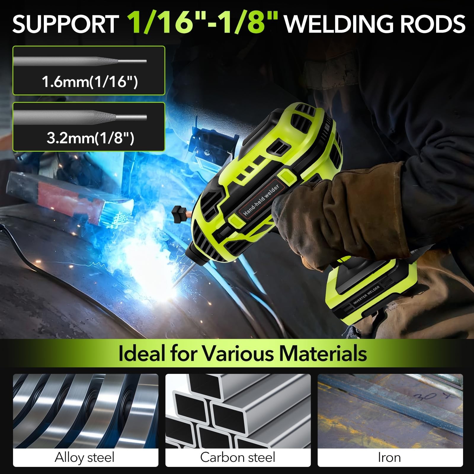 Handheld ARC Welder Kit 110V with Auto-Darkening Goggles & 30 Rods, Green