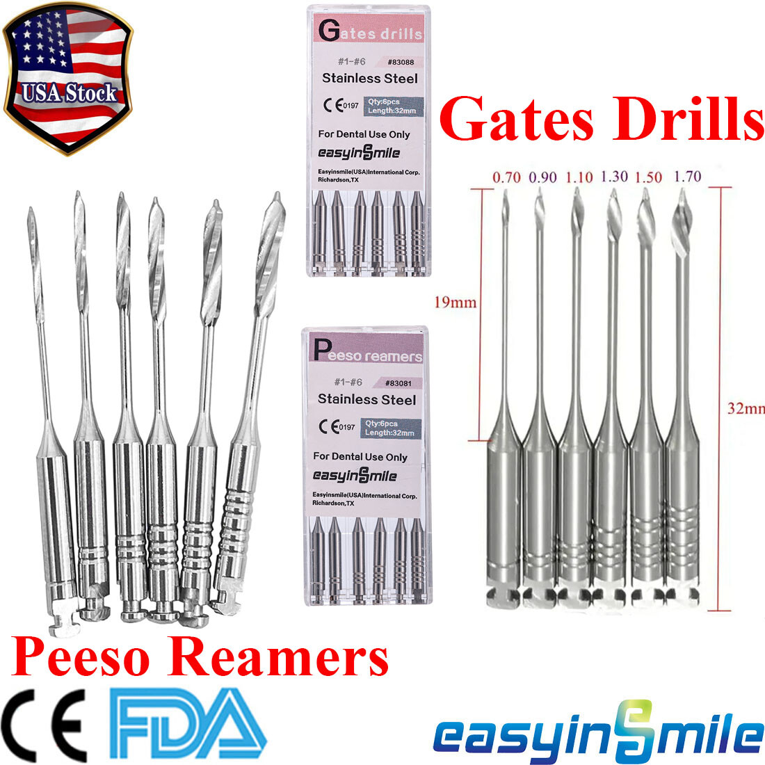 10Pack Dental Endo Peeso Reamers/Glidden Gates Drill Spiral Root Canal #1-6 Burs