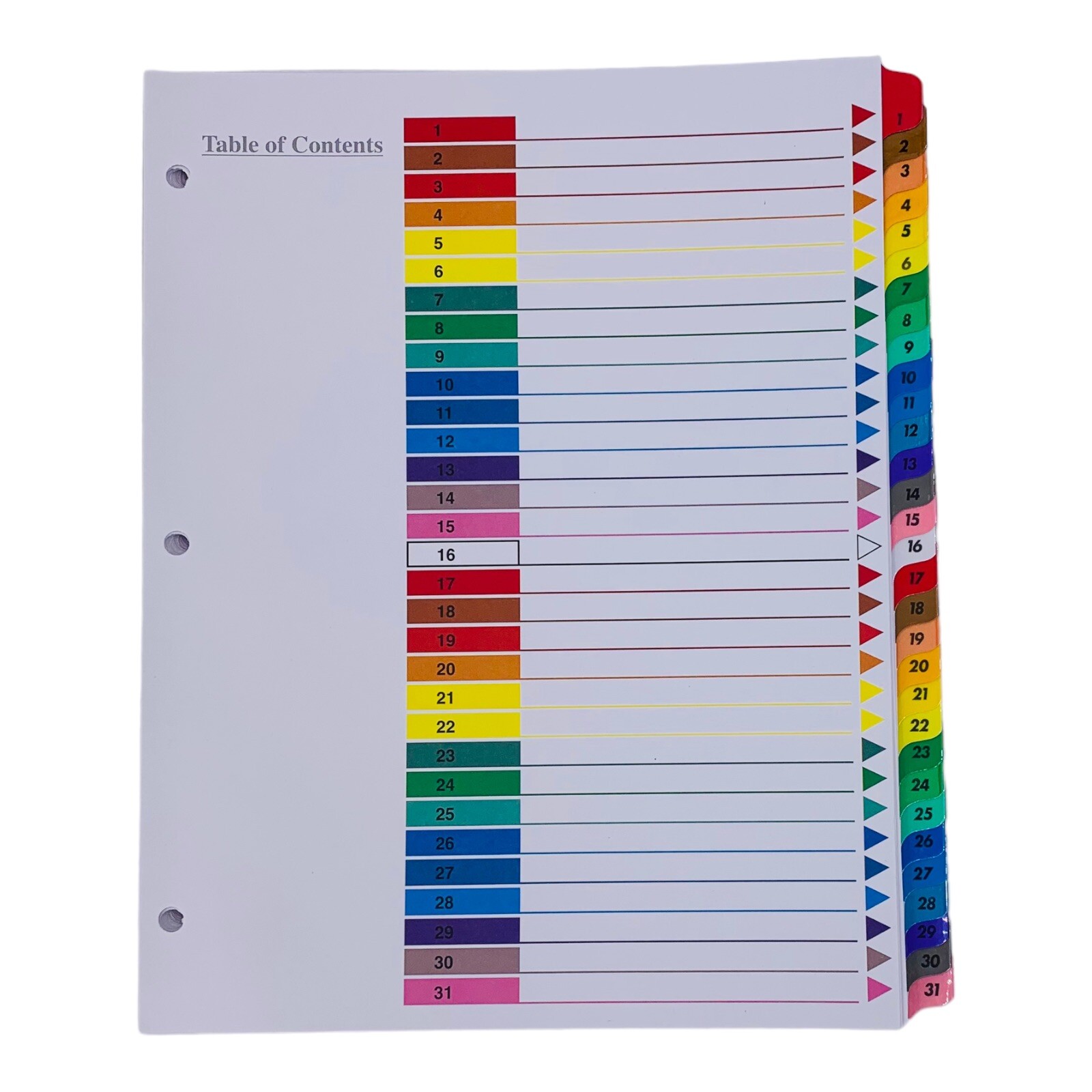 Universal Table of Contents Dividers 31 Tab 3 Hole Punched Letter Size