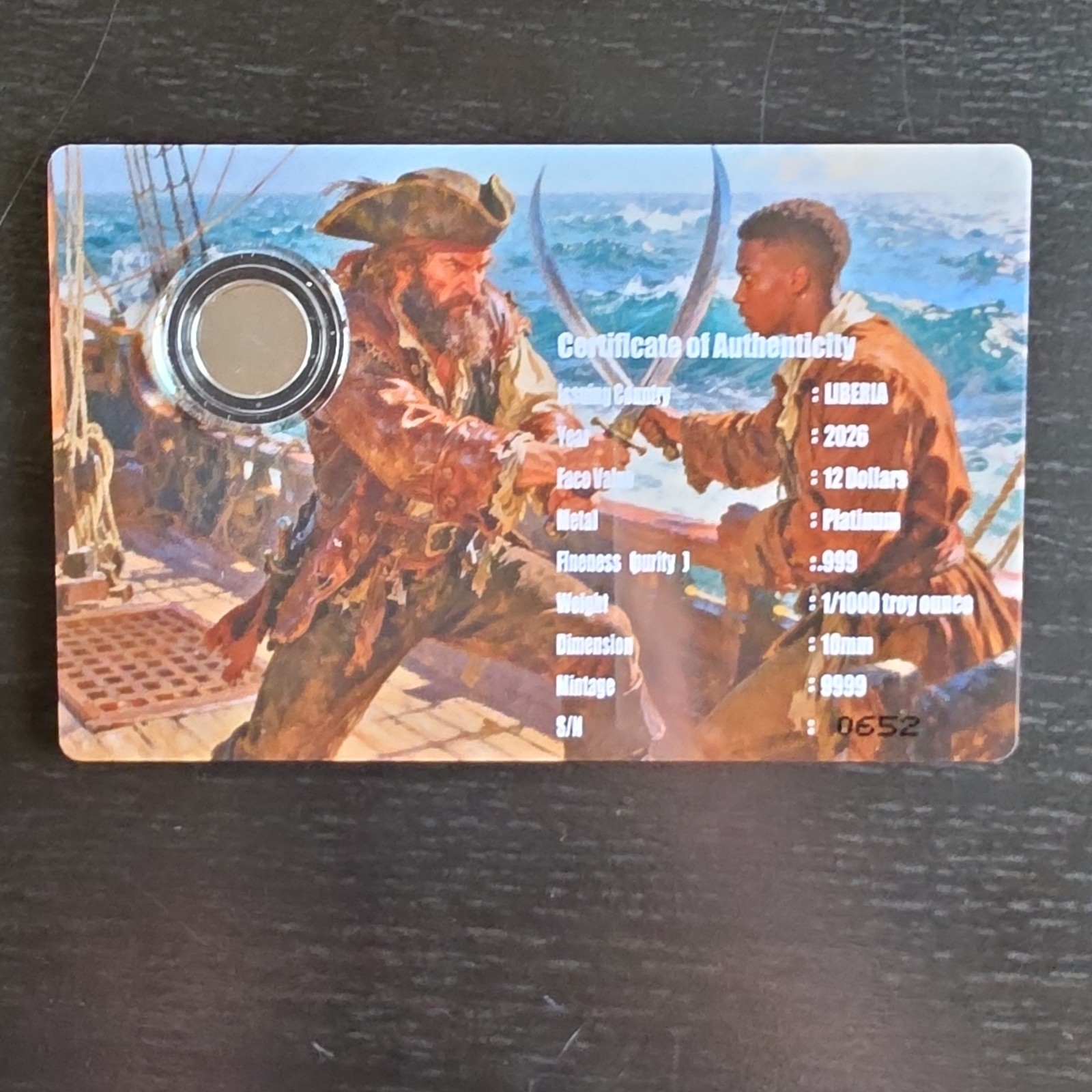Liberia 2026 Privateers Platinum Coin .999 12 Dollars COA #0652