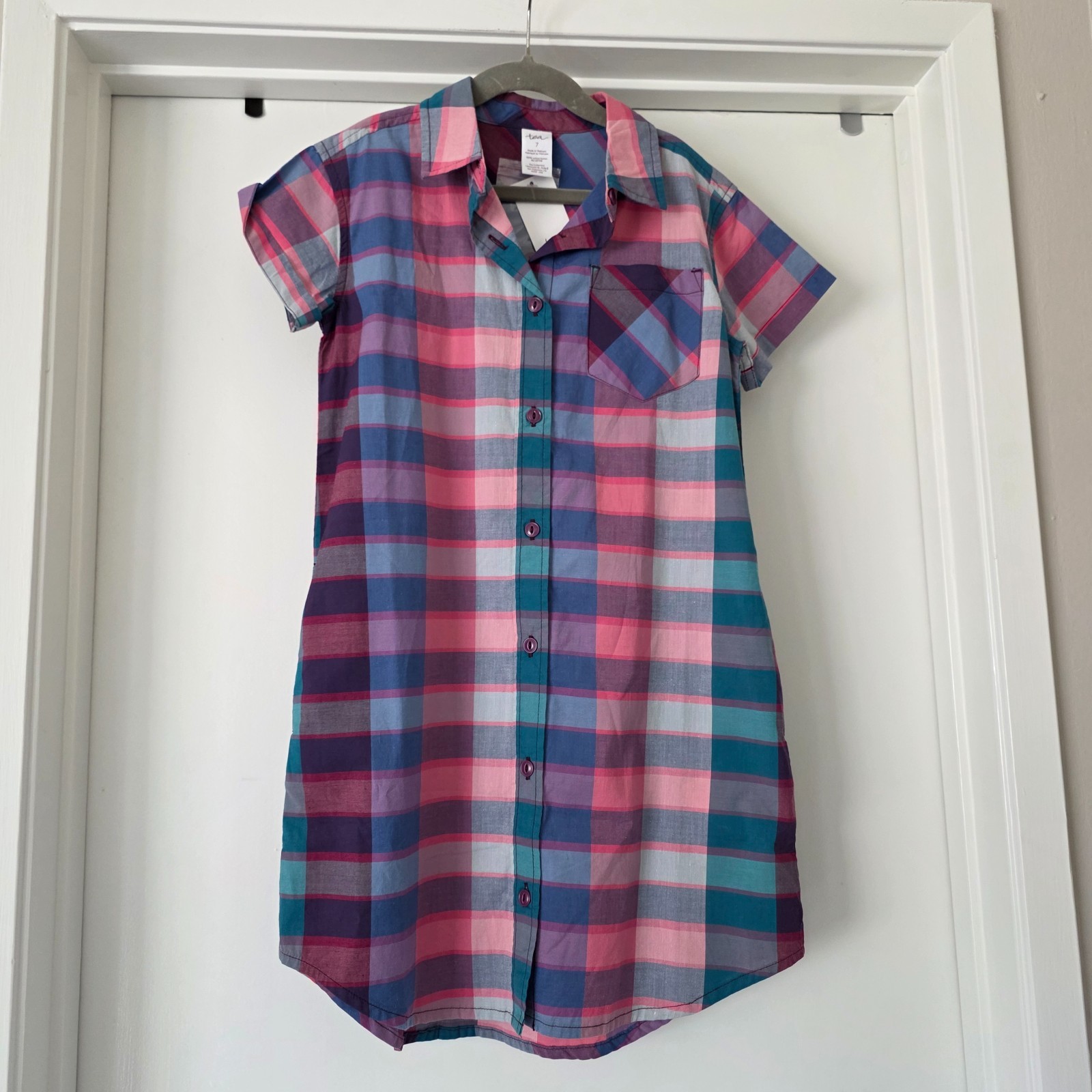 NEW Tea Collection Girl's Size 7 Dress 100% Cotton Plaid Pink Blue Button Front