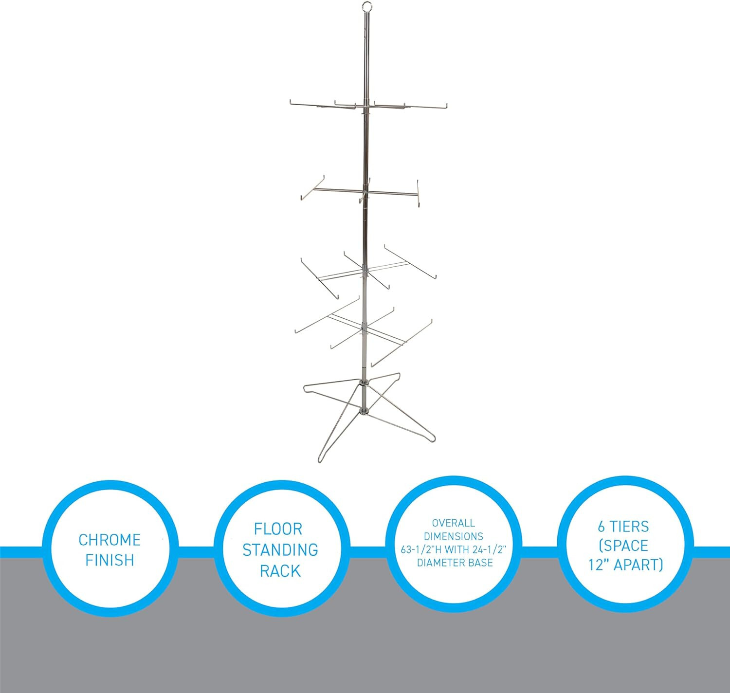 Wire Spinner Rack 4 Tier 24 Peg Rotating Chrome Floor Stand Capacity 50 lb 63 ½"