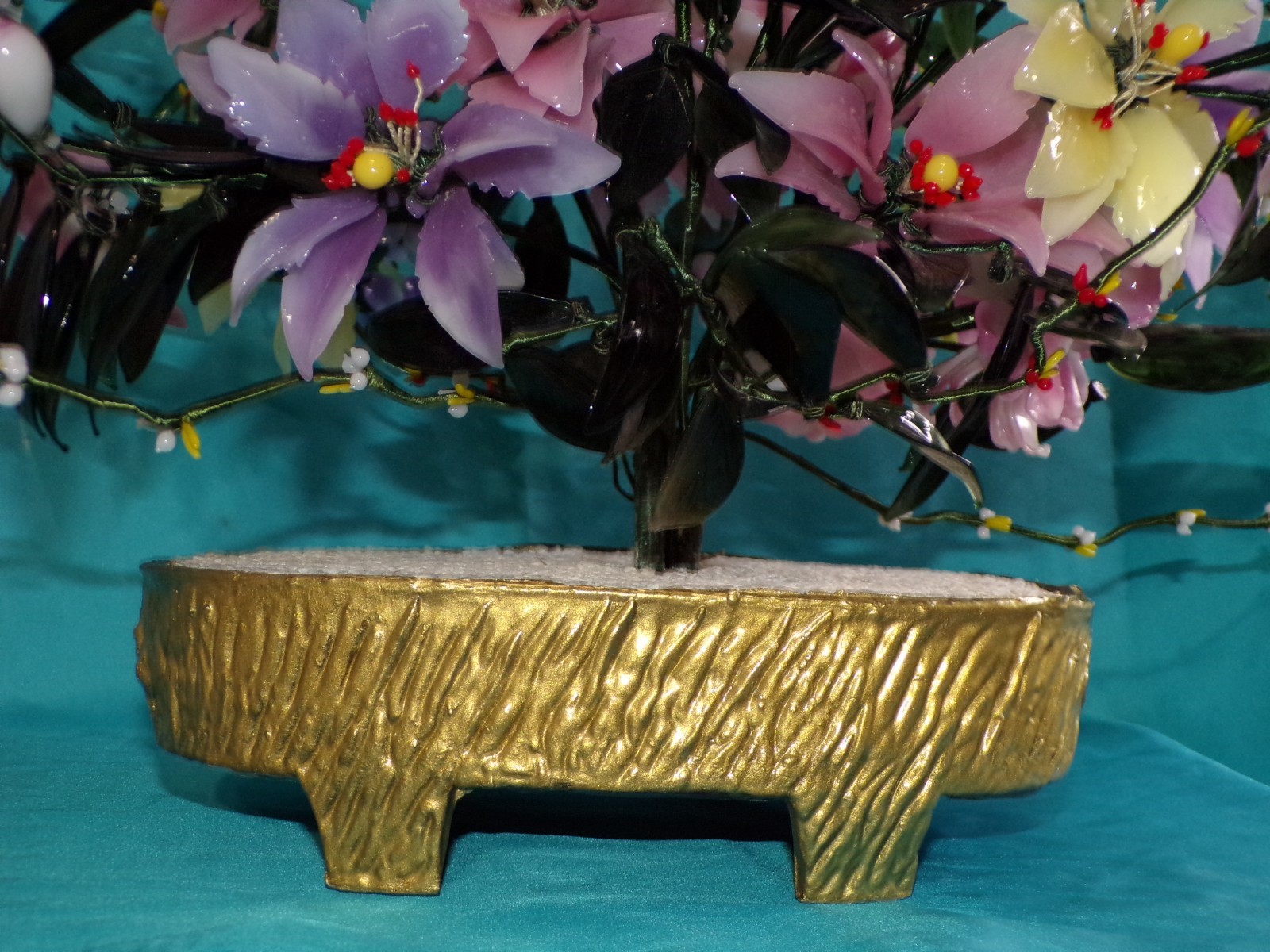 Large Jade Quartz Stone Glass Flower Bonsai Tree Vintage 20H x 30W Centerpiece