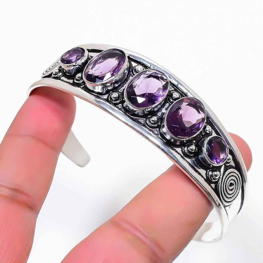 Purple Amethyst Gemstone 925 Sterling Silver Jewelry Adjustable Cuff Bracelet