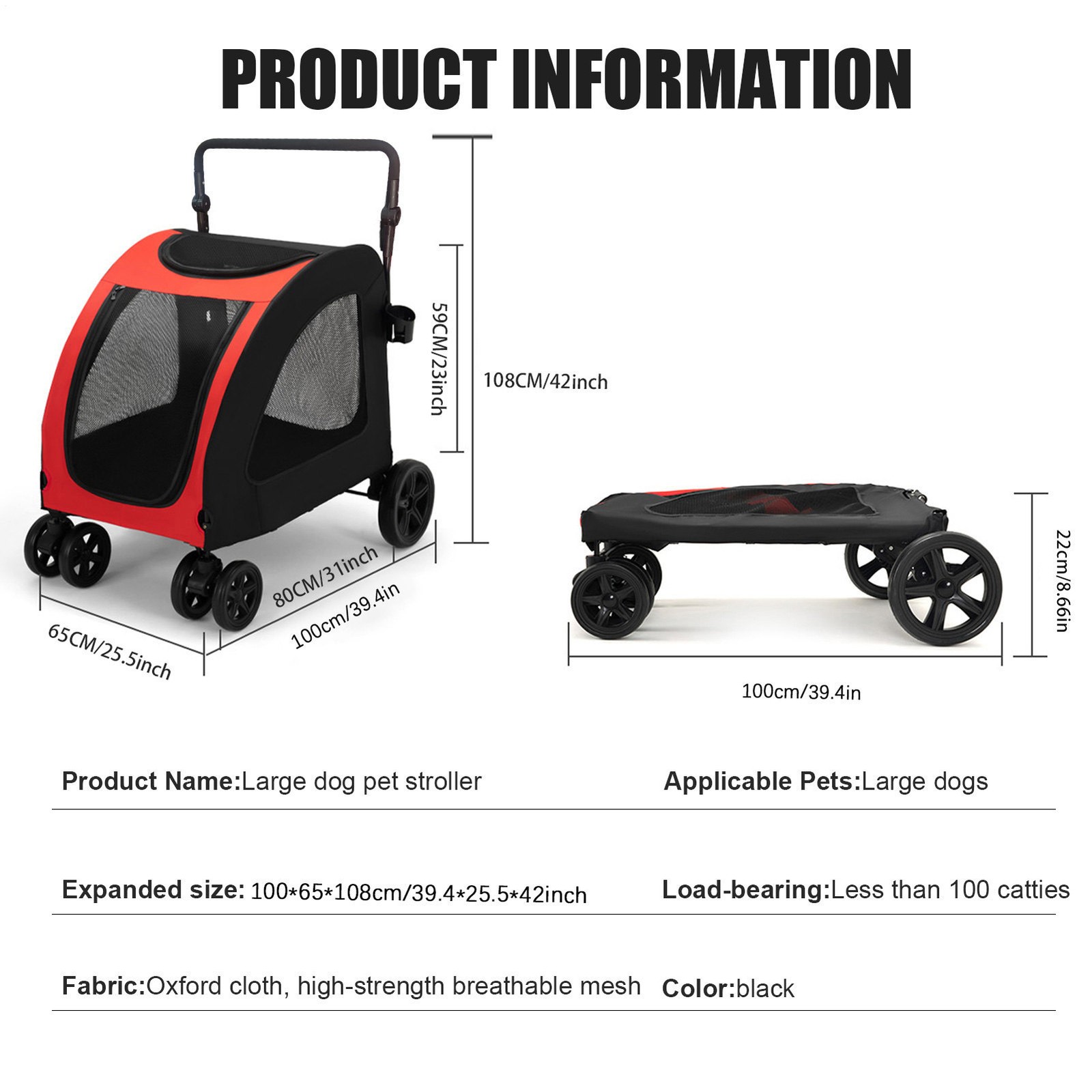 Extra Large Pet Stroller for Medium & Large Dogs - Foldable Design Up to 88 lbs