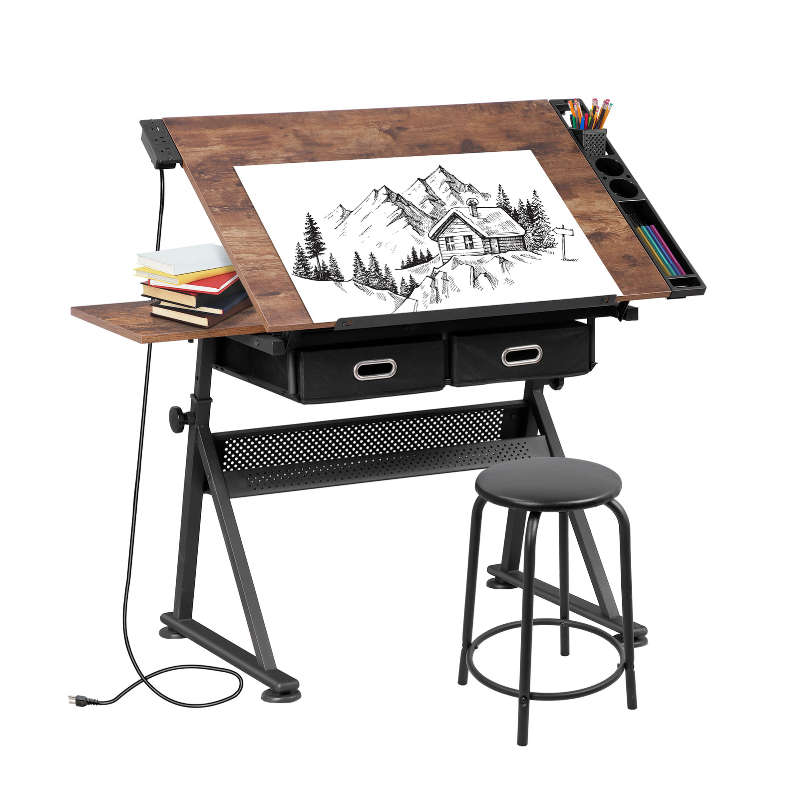 Drafting Table Drawing Desk Adjustable Tabletop w/Charging Station & Stool Retro