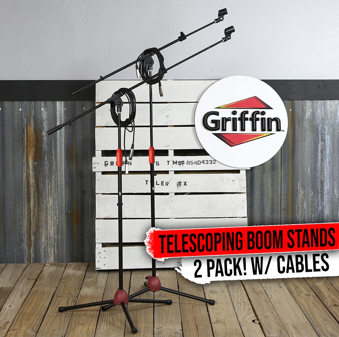 GRIFFIN Microphone Boom Arm Stand 2-PACK Holder XLR Cable Mic Clip Studio Stage