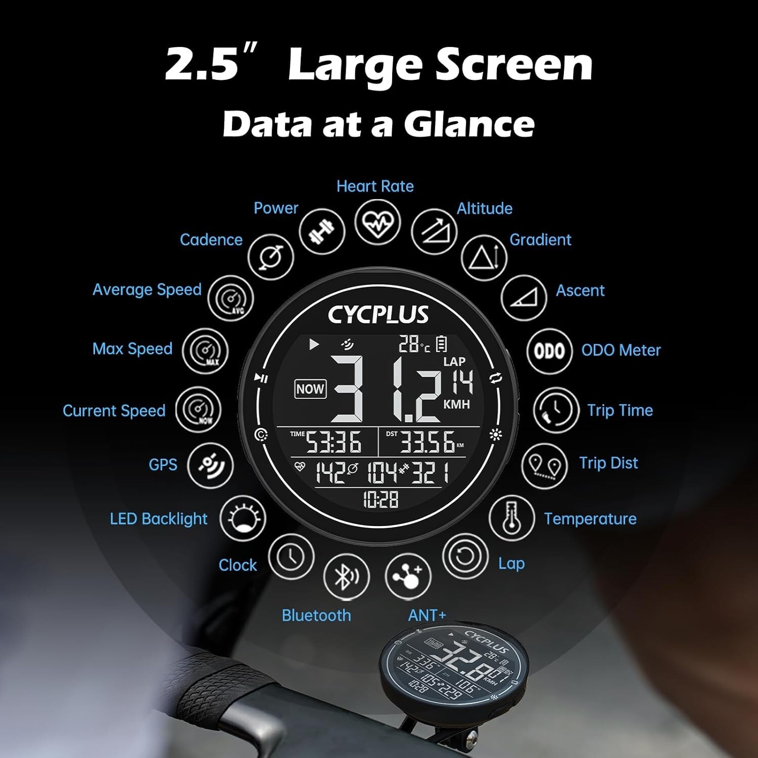 CYCPLUS Wireless GPS Bike Computer, ANT+ Bluetooth Cycling Speedometer Odometer